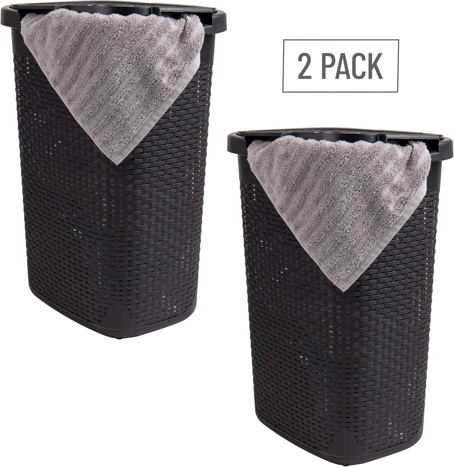 imageMind Reader Slim Laundry Hamper with Lid 60L Clothes Basket Premium Wicker Design Plastic TanBlack