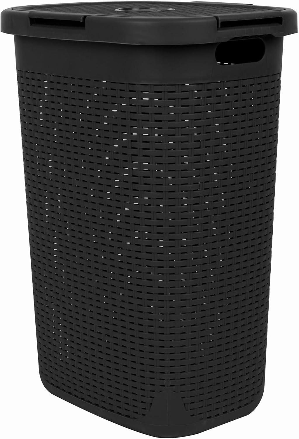 imageMind Reader Slim Laundry Hamper with Lid 60L Clothes Basket Premium Wicker Design Plastic TanBlack