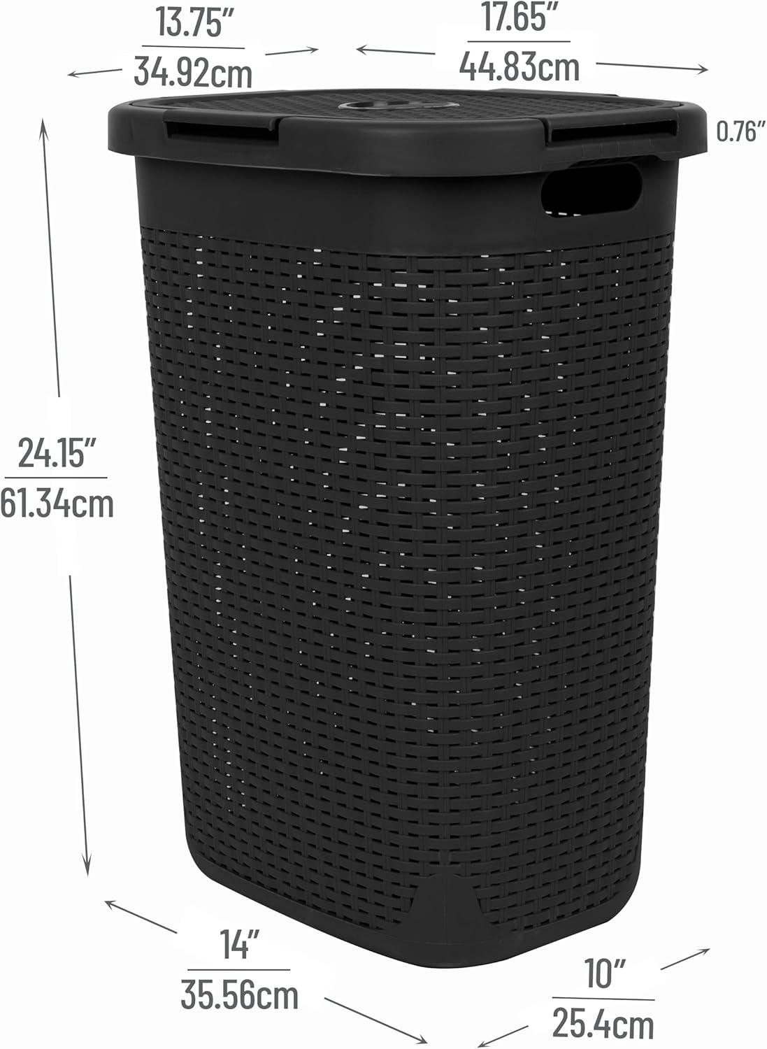 imageMind Reader Slim Laundry Hamper with Lid 60L Clothes Basket Premium Wicker Design Plastic TanBlack