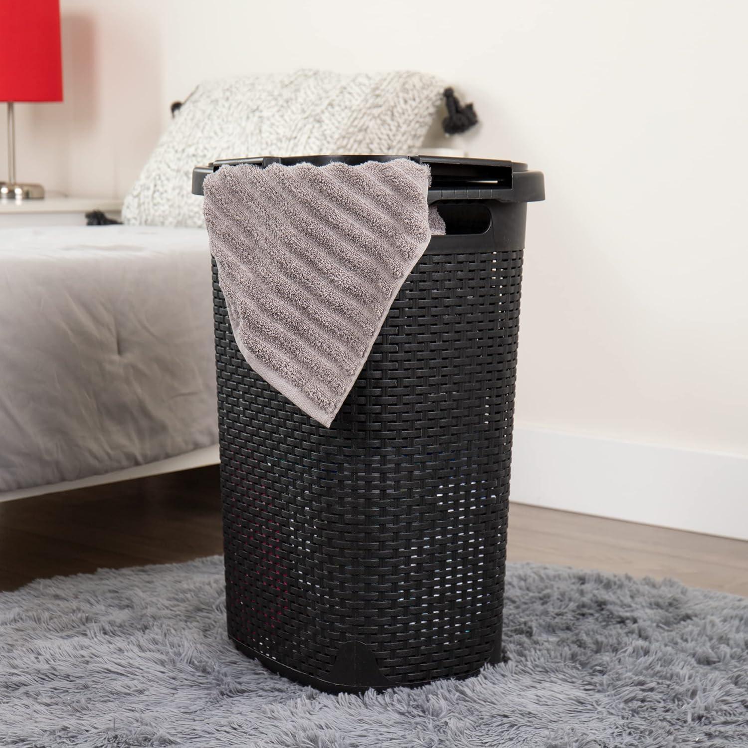 imageMind Reader Slim Laundry Hamper with Lid 60L Clothes Basket Premium Wicker Design Plastic TanBlack