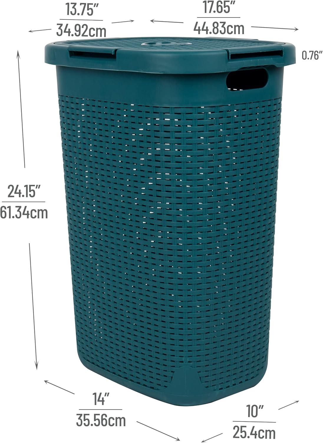 imageMind Reader Slim Laundry Hamper with Lid 60L Clothes Basket Premium Wicker Design Plastic TanBlue