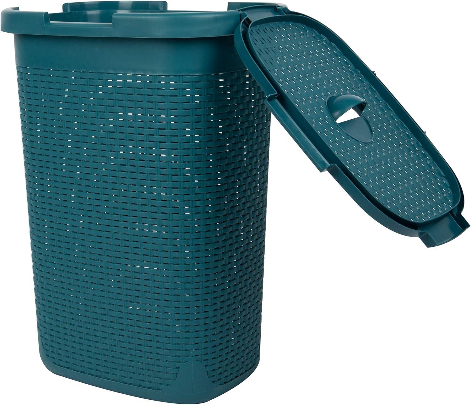 imageMind Reader Slim Laundry Hamper with Lid 60L Clothes Basket Premium Wicker Design Plastic TanBlue
