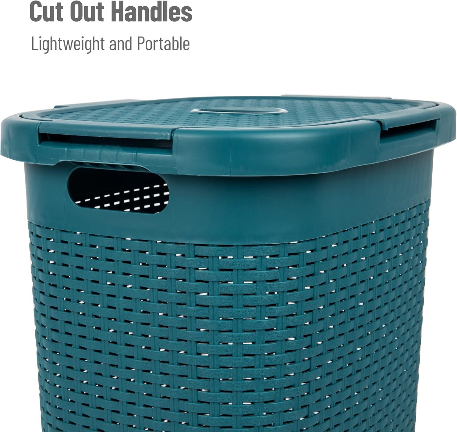 imageMind Reader Slim Laundry Hamper with Lid 60L Clothes Basket Premium Wicker Design Plastic TanBlue