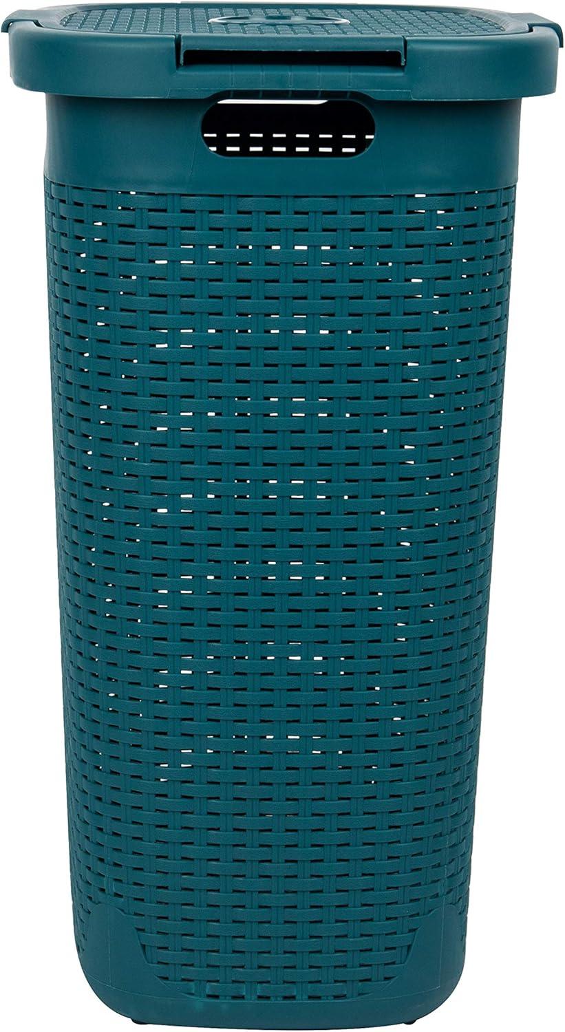 imageMind Reader Slim Laundry Hamper with Lid 60L Clothes Basket Premium Wicker Design Plastic TanBlue