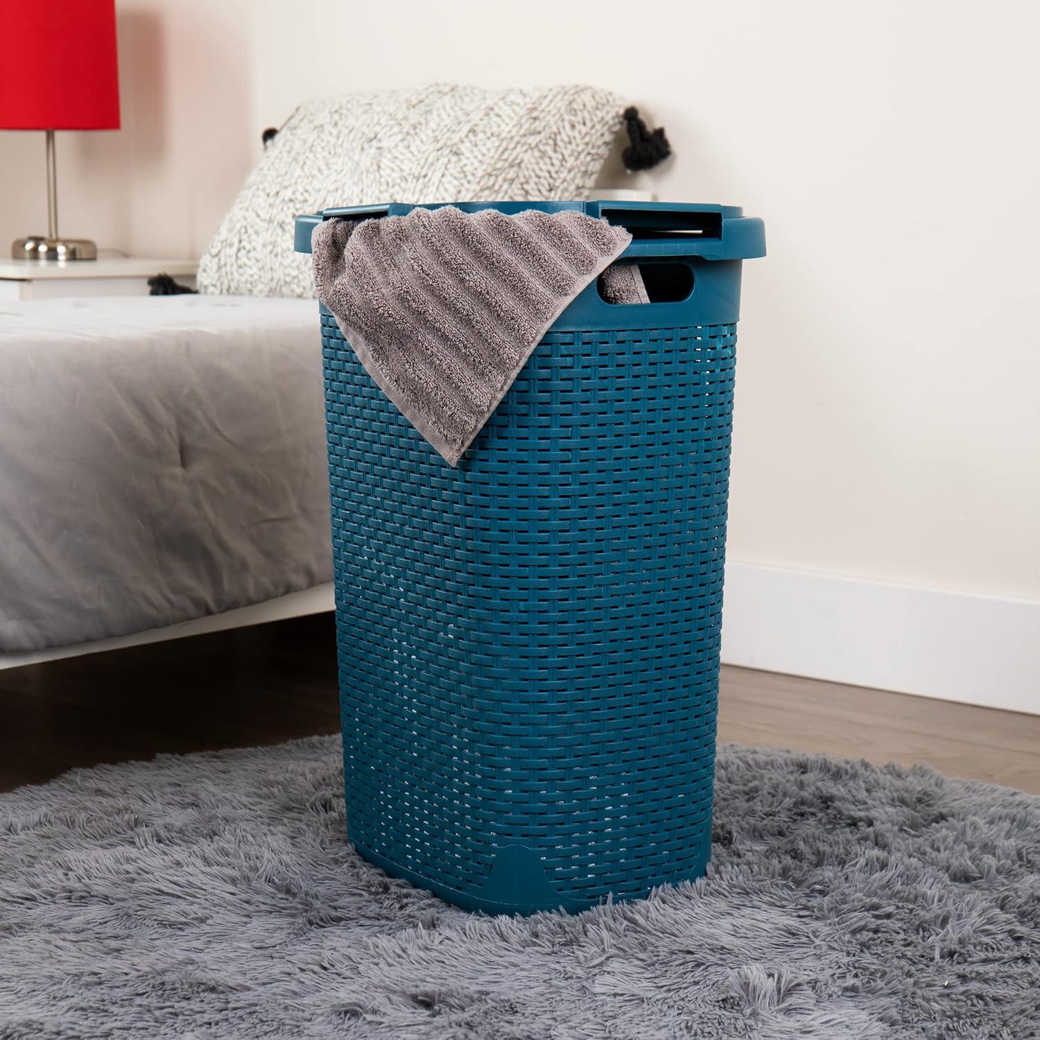 imageMind Reader Slim Laundry Hamper with Lid 60L Clothes Basket Premium Wicker Design Plastic TanBlue