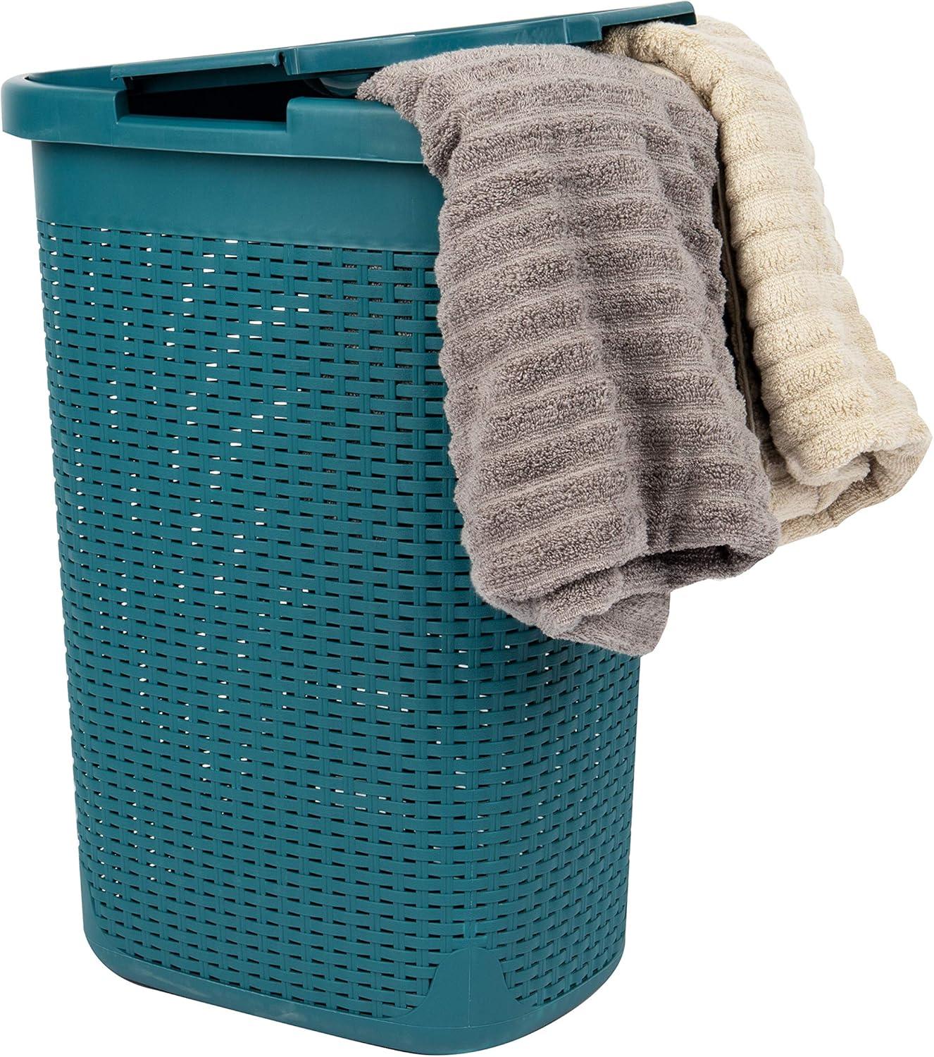 imageMind Reader Slim Laundry Hamper with Lid 60L Clothes Basket Premium Wicker Design Plastic TanBlue