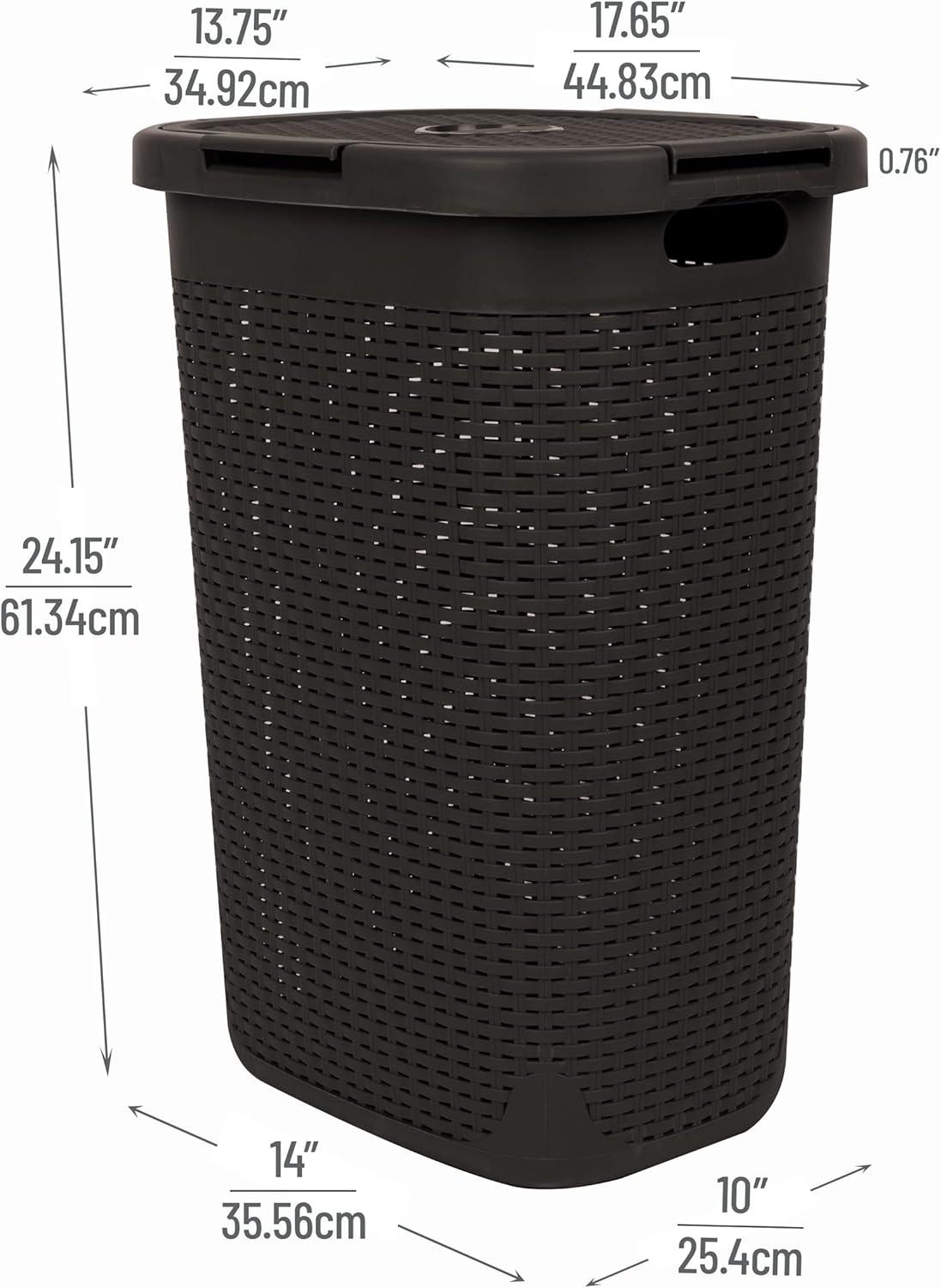 imageMind Reader Slim Laundry Hamper with Lid 60L Clothes Basket Premium Wicker Design Plastic TanBrown
