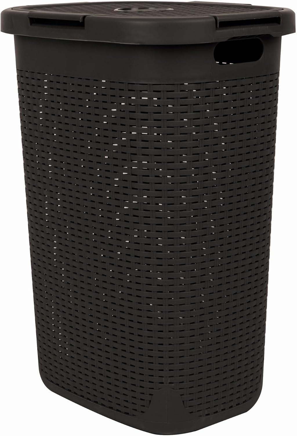 imageMind Reader Slim Laundry Hamper with Lid 60L Clothes Basket Premium Wicker Design Plastic TanBrown