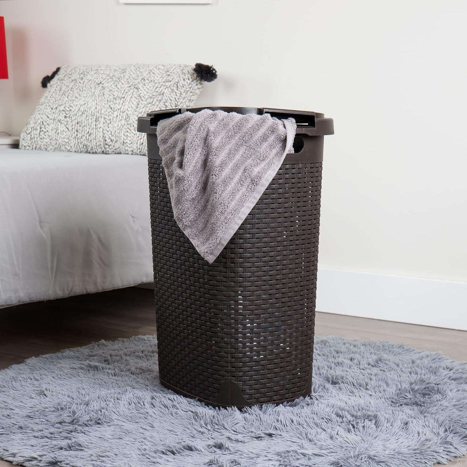 imageMind Reader Slim Laundry Hamper with Lid 60L Clothes Basket Premium Wicker Design Plastic TanBrown