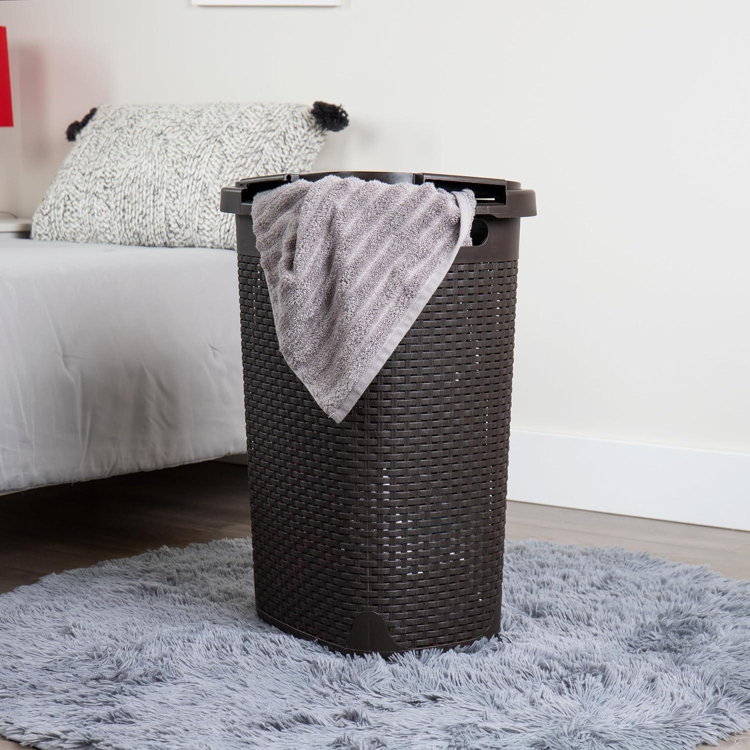 imageMind Reader Slim Laundry Hamper with Lid 60L Clothes Basket Premium Wicker Design Plastic TanBrown