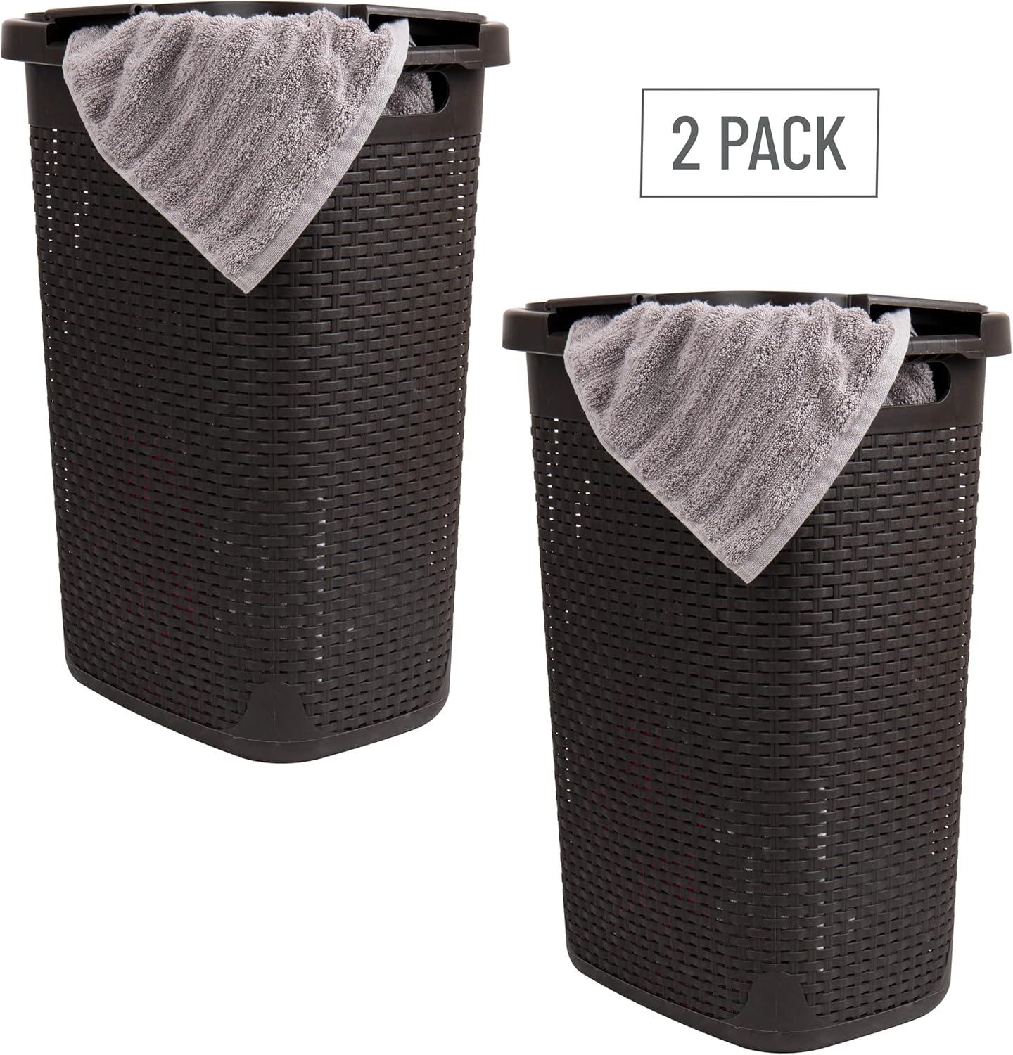 imageMind Reader Slim Laundry Hamper with Lid 60L Clothes Basket Premium Wicker Design Plastic TanBrown