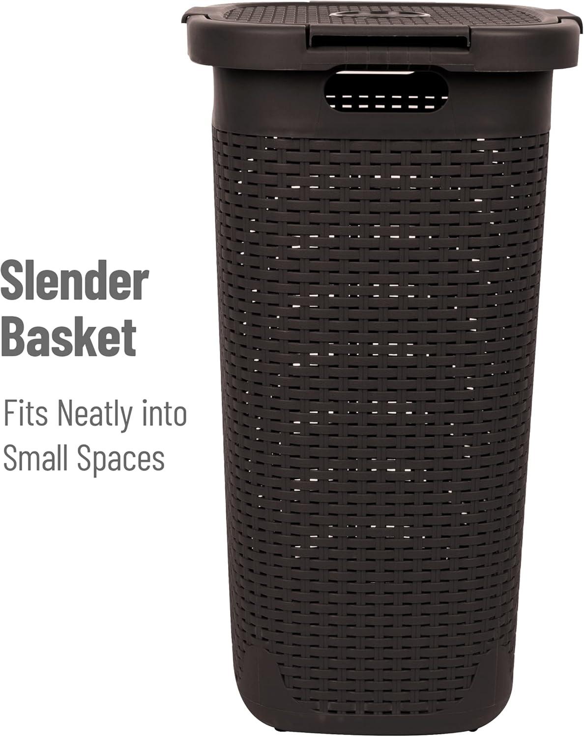 imageMind Reader Slim Laundry Hamper with Lid 60L Clothes Basket Premium Wicker Design Plastic TanBrown