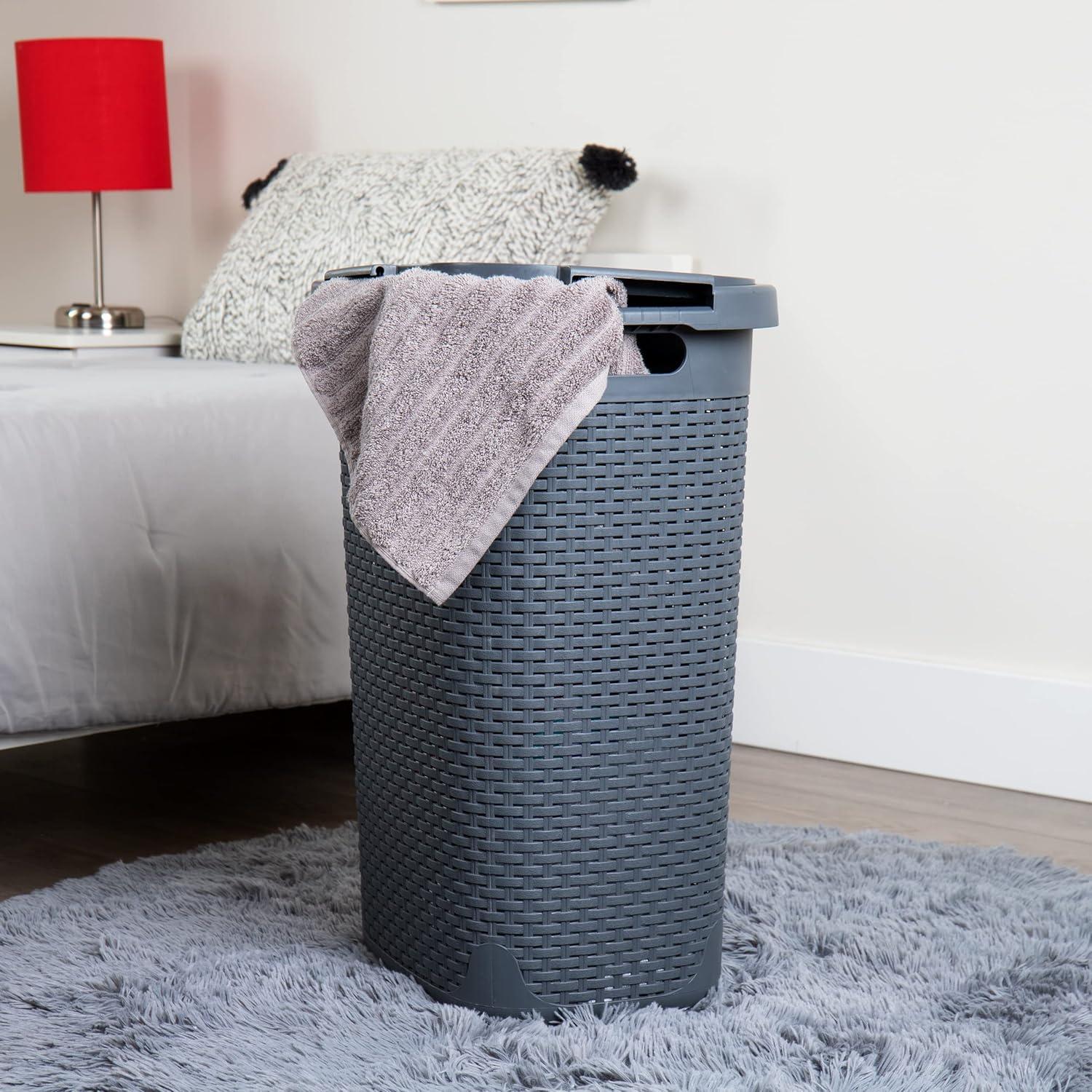 imageMind Reader Slim Laundry Hamper with Lid 60L Clothes Basket Premium Wicker Design Plastic TanGray