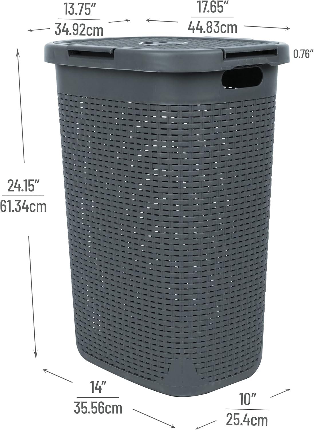 imageMind Reader Slim Laundry Hamper with Lid 60L Clothes Basket Premium Wicker Design Plastic TanGray