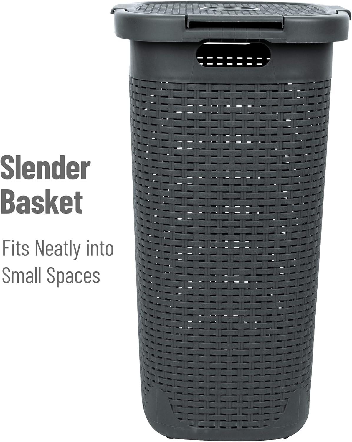 imageMind Reader Slim Laundry Hamper with Lid 60L Clothes Basket Premium Wicker Design Plastic TanGray
