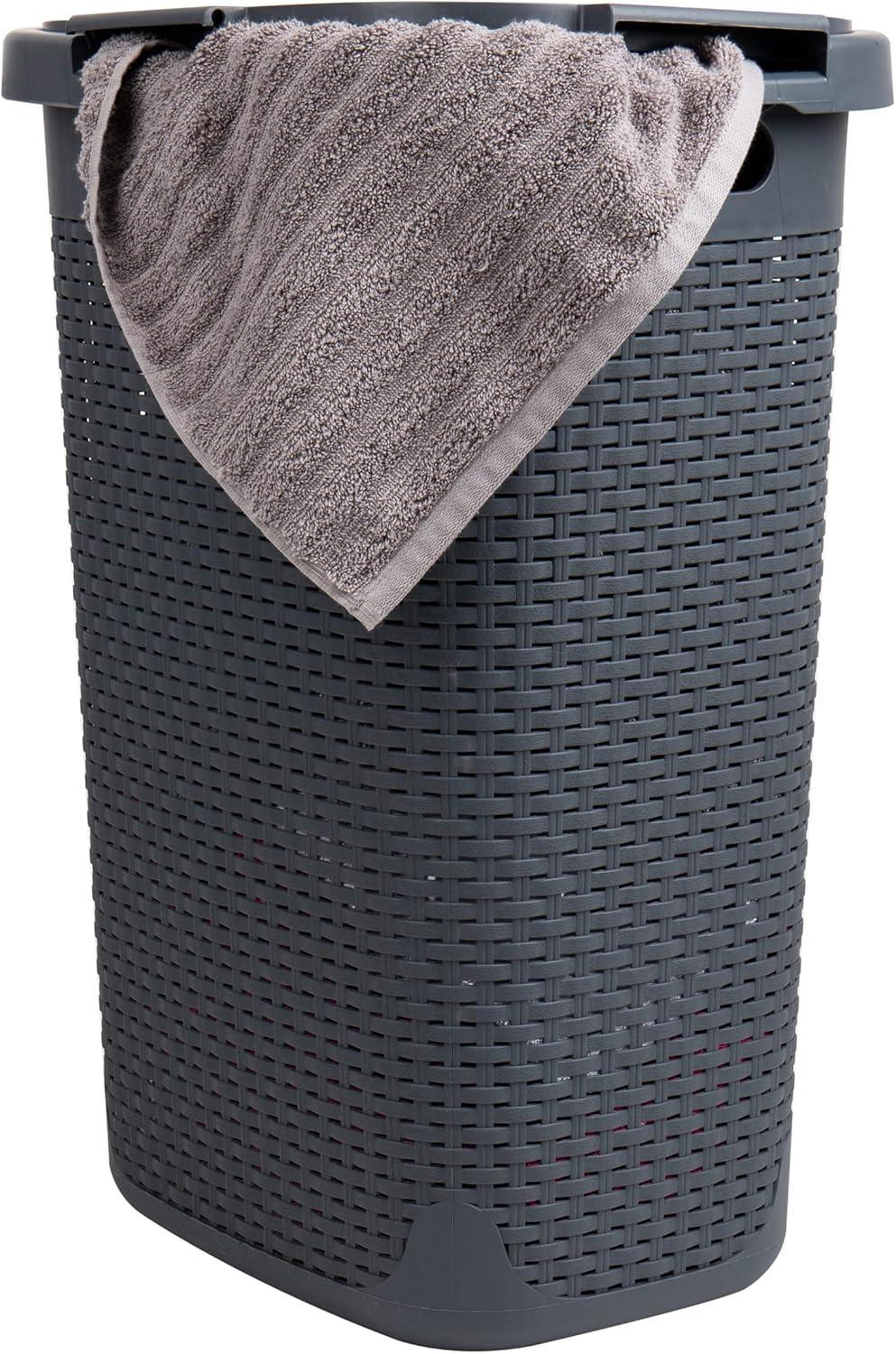 imageMind Reader Slim Laundry Hamper with Lid 60L Clothes Basket Premium Wicker Design Plastic TanGray