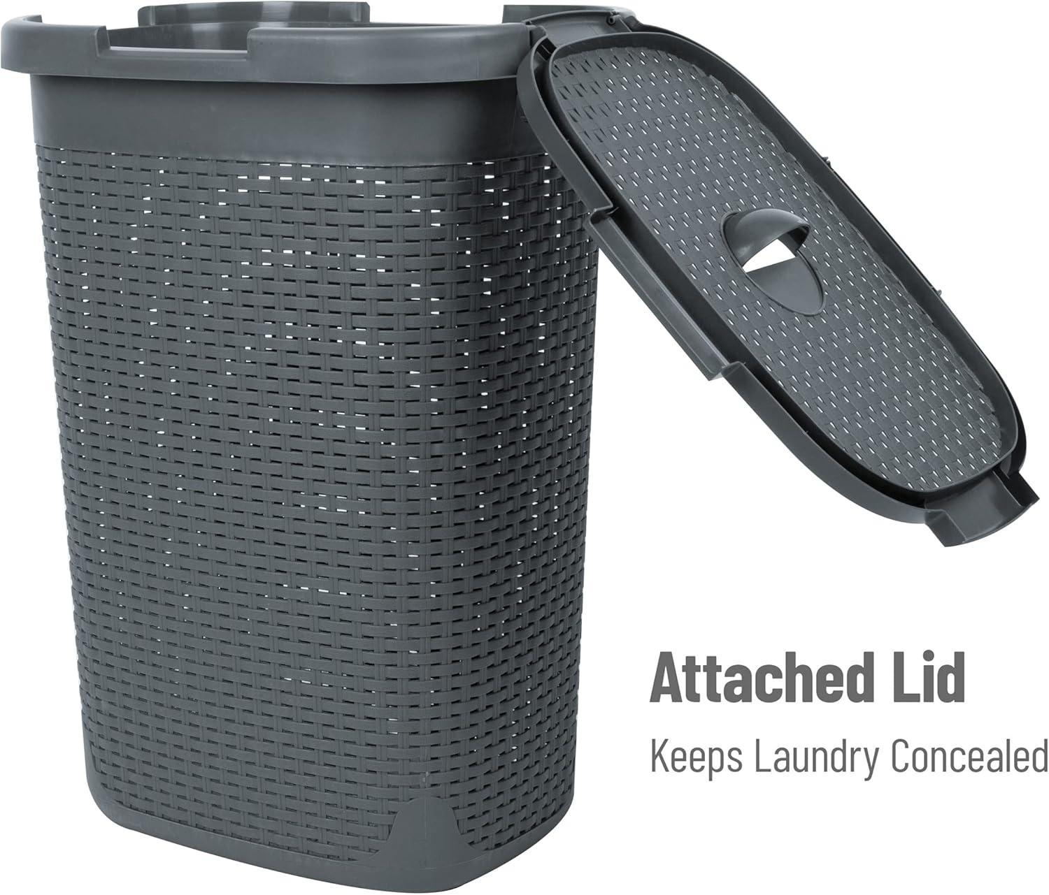 imageMind Reader Slim Laundry Hamper with Lid 60L Clothes Basket Premium Wicker Design Plastic TanGray