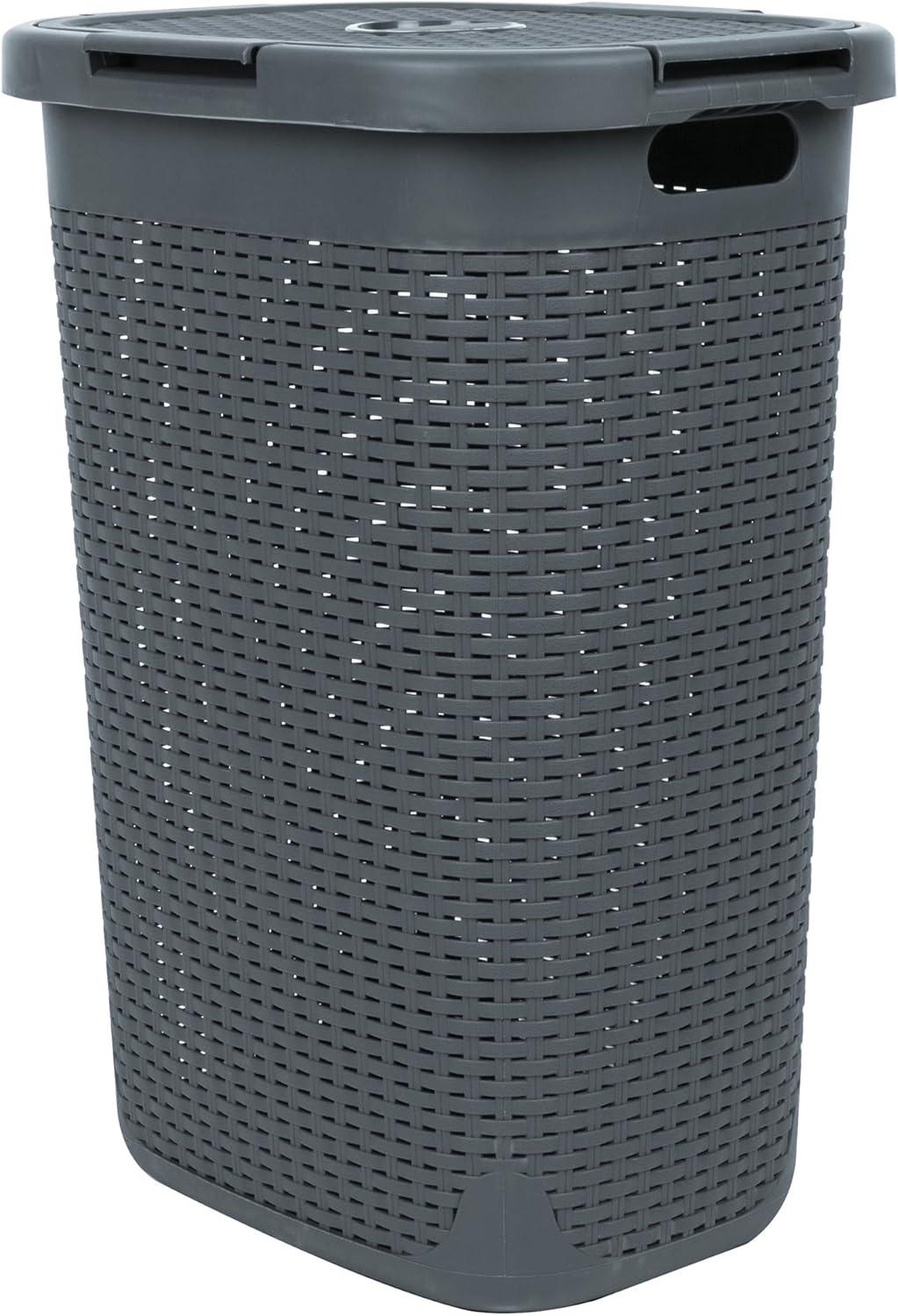 imageMind Reader Slim Laundry Hamper with Lid 60L Clothes Basket Premium Wicker Design Plastic TanGray
