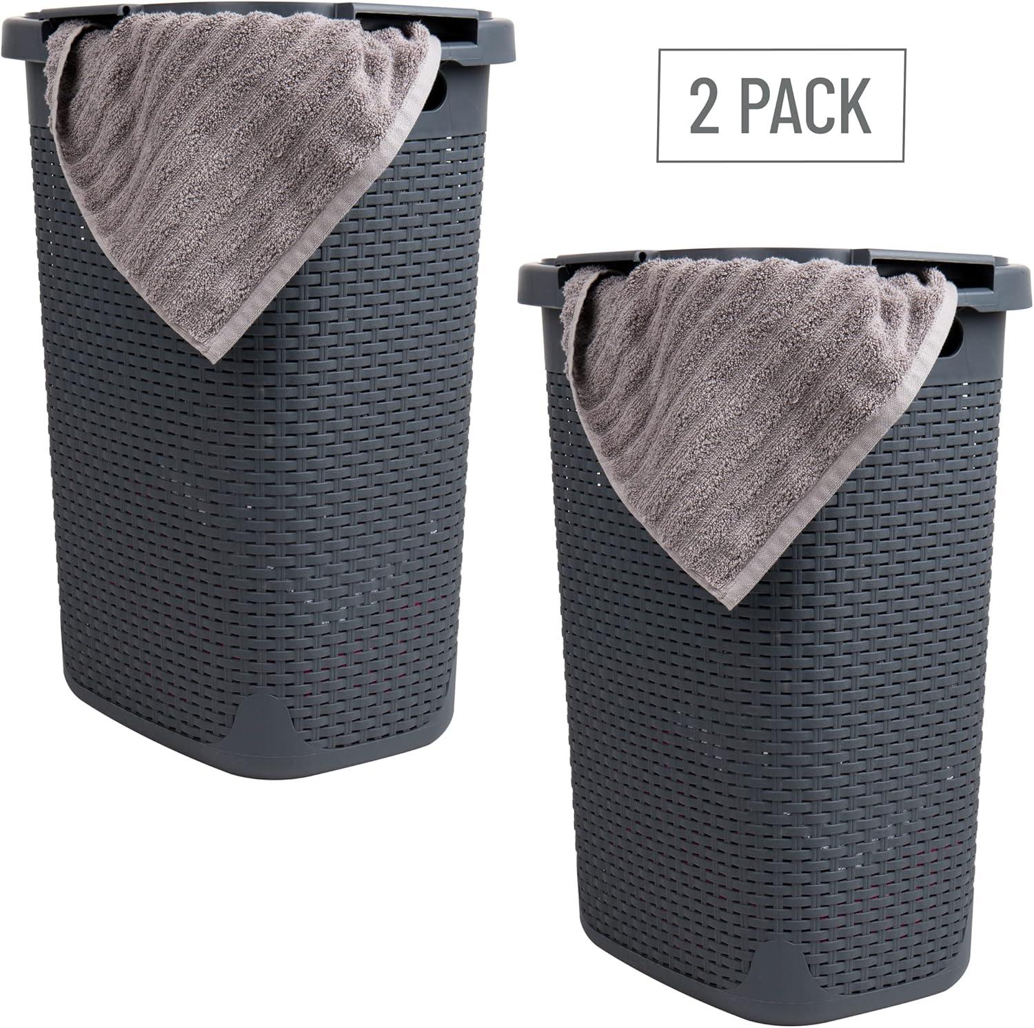 imageMind Reader Slim Laundry Hamper with Lid 60L Clothes Basket Premium Wicker Design Plastic TanGray