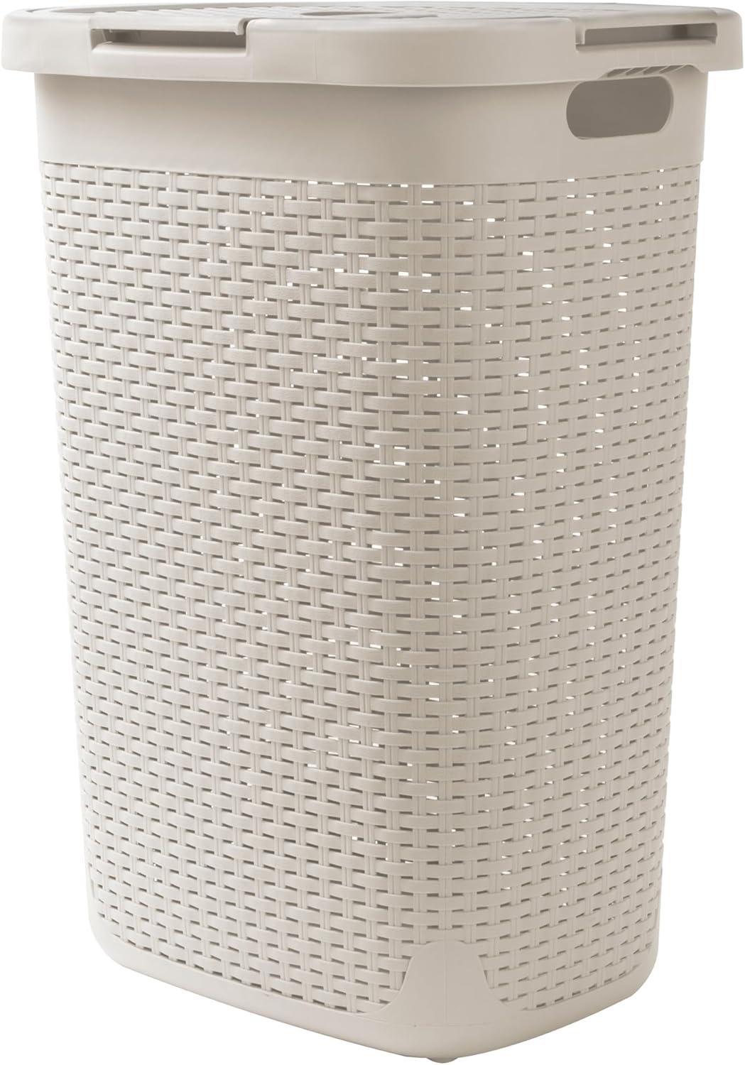 imageMind Reader Slim Laundry Hamper with Lid 60L Clothes Basket Premium Wicker Design Plastic TanIvory