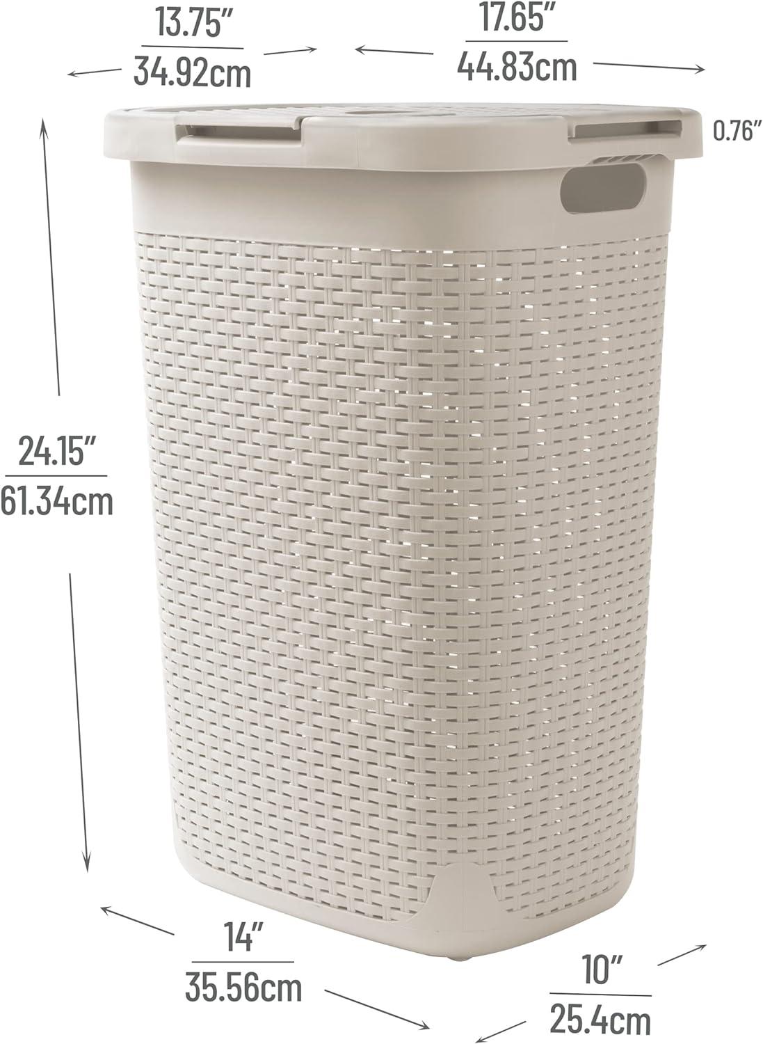 imageMind Reader Slim Laundry Hamper with Lid 60L Clothes Basket Premium Wicker Design Plastic TanIvory