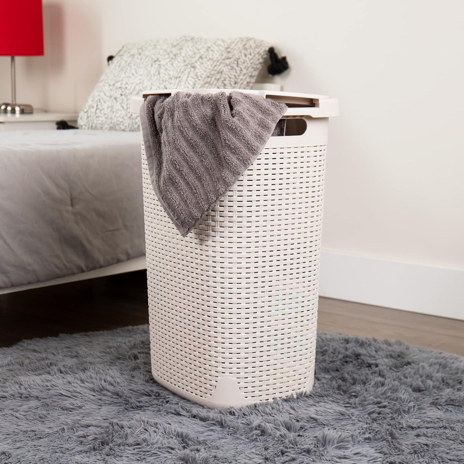 imageMind Reader Slim Laundry Hamper with Lid 60L Clothes Basket Premium Wicker Design Plastic TanIvory