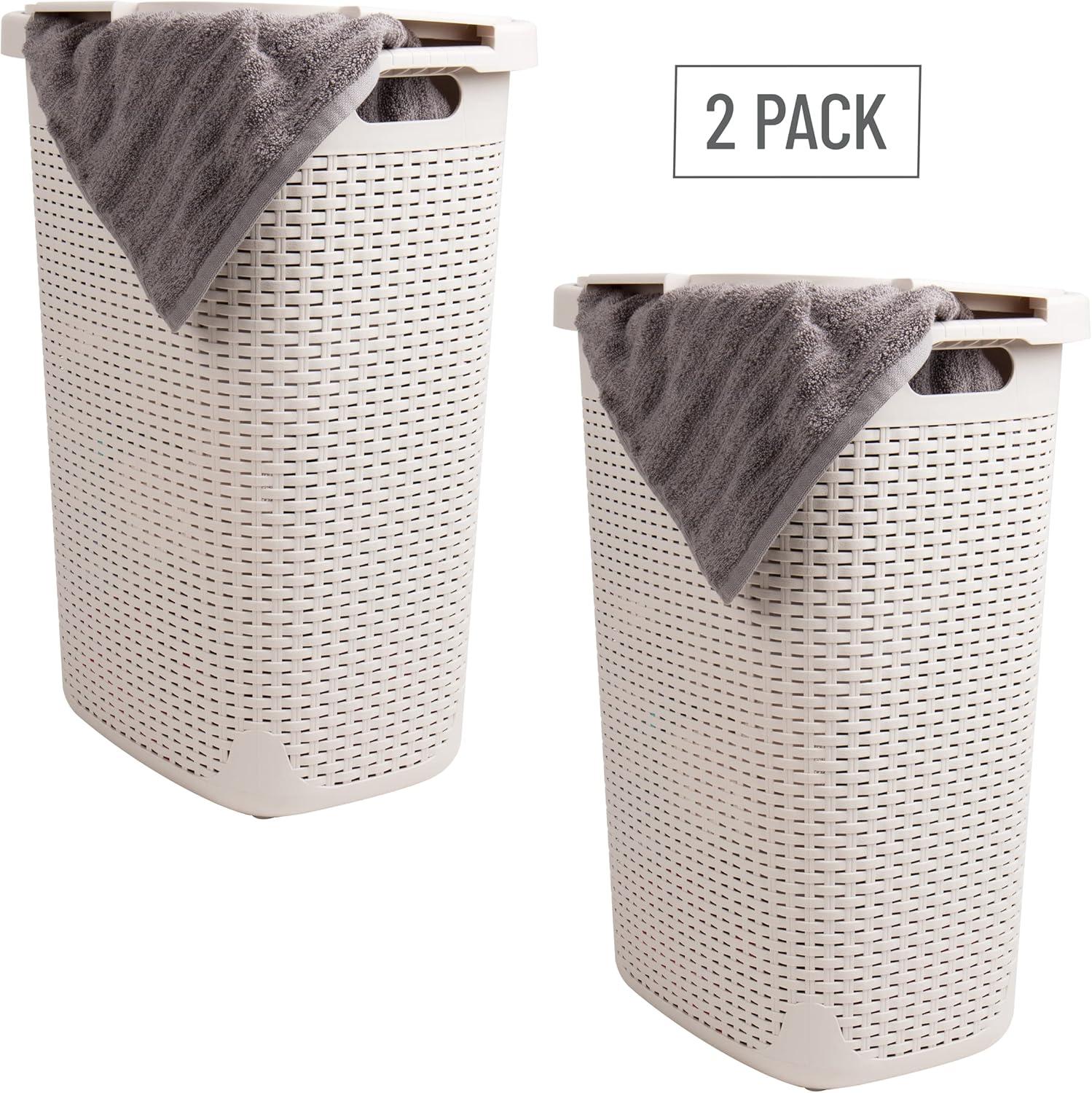 imageMind Reader Slim Laundry Hamper with Lid 60L Clothes Basket Premium Wicker Design Plastic TanIvory