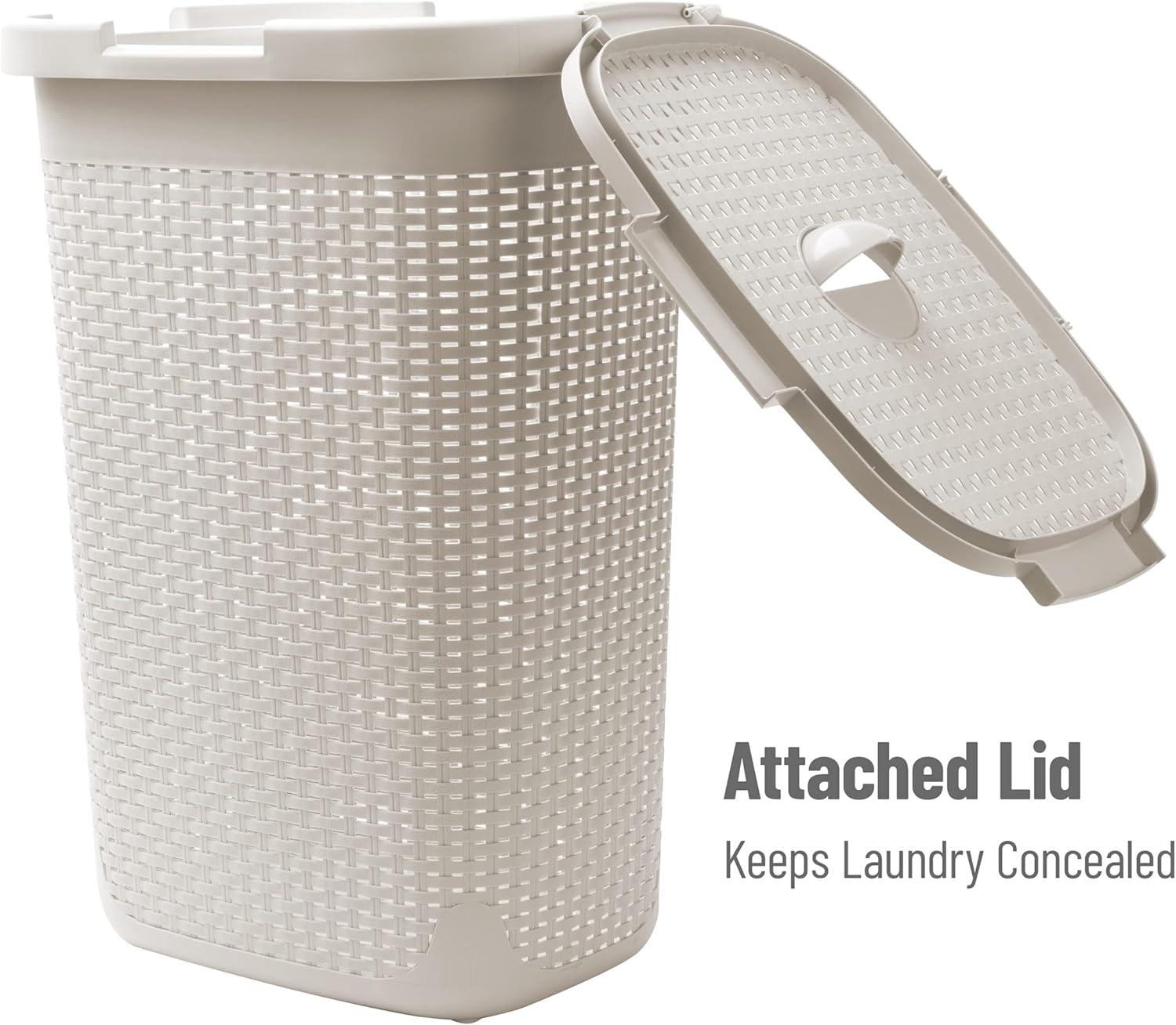 imageMind Reader Slim Laundry Hamper with Lid 60L Clothes Basket Premium Wicker Design Plastic TanIvory