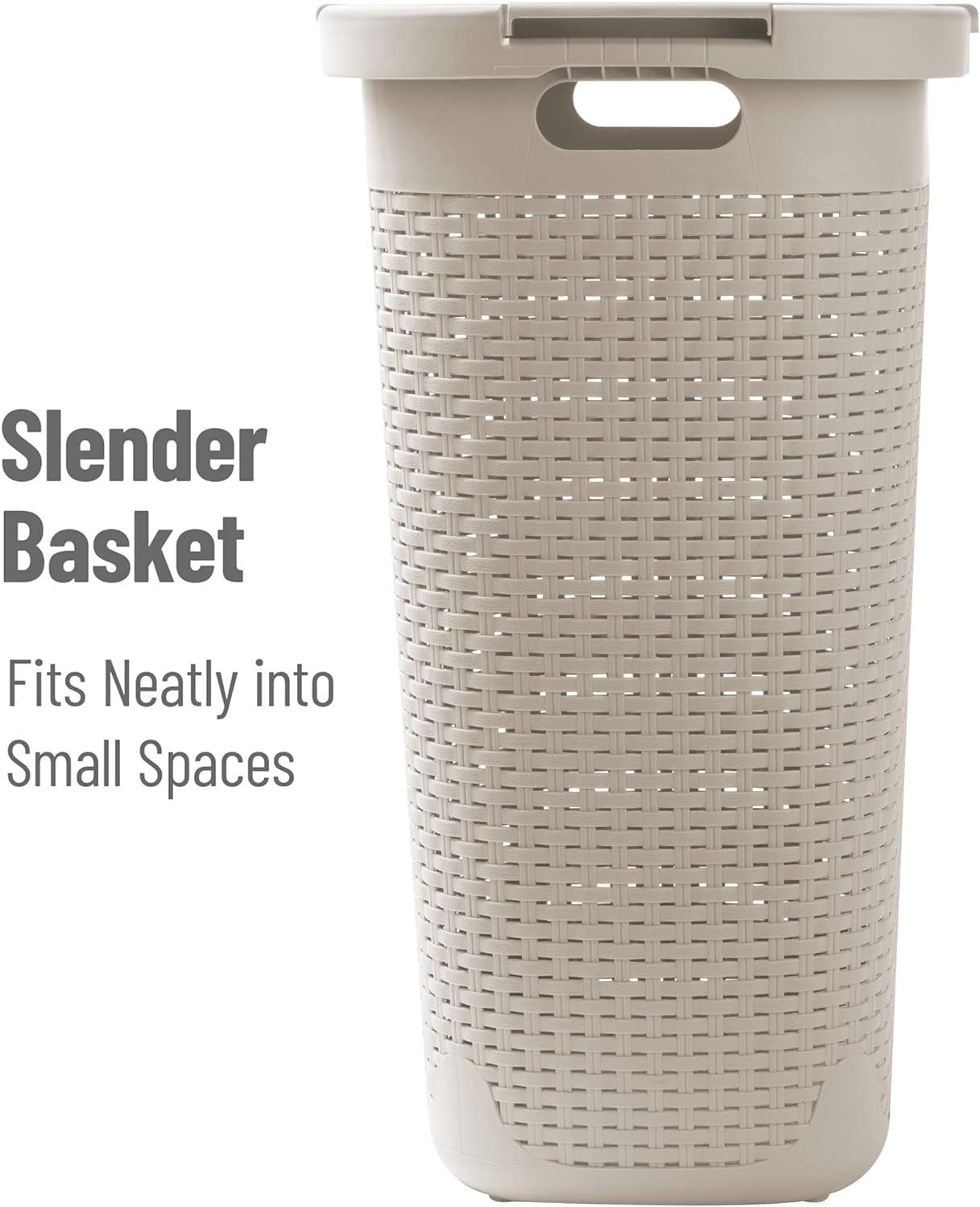 imageMind Reader Slim Laundry Hamper with Lid 60L Clothes Basket Premium Wicker Design Plastic TanIvory