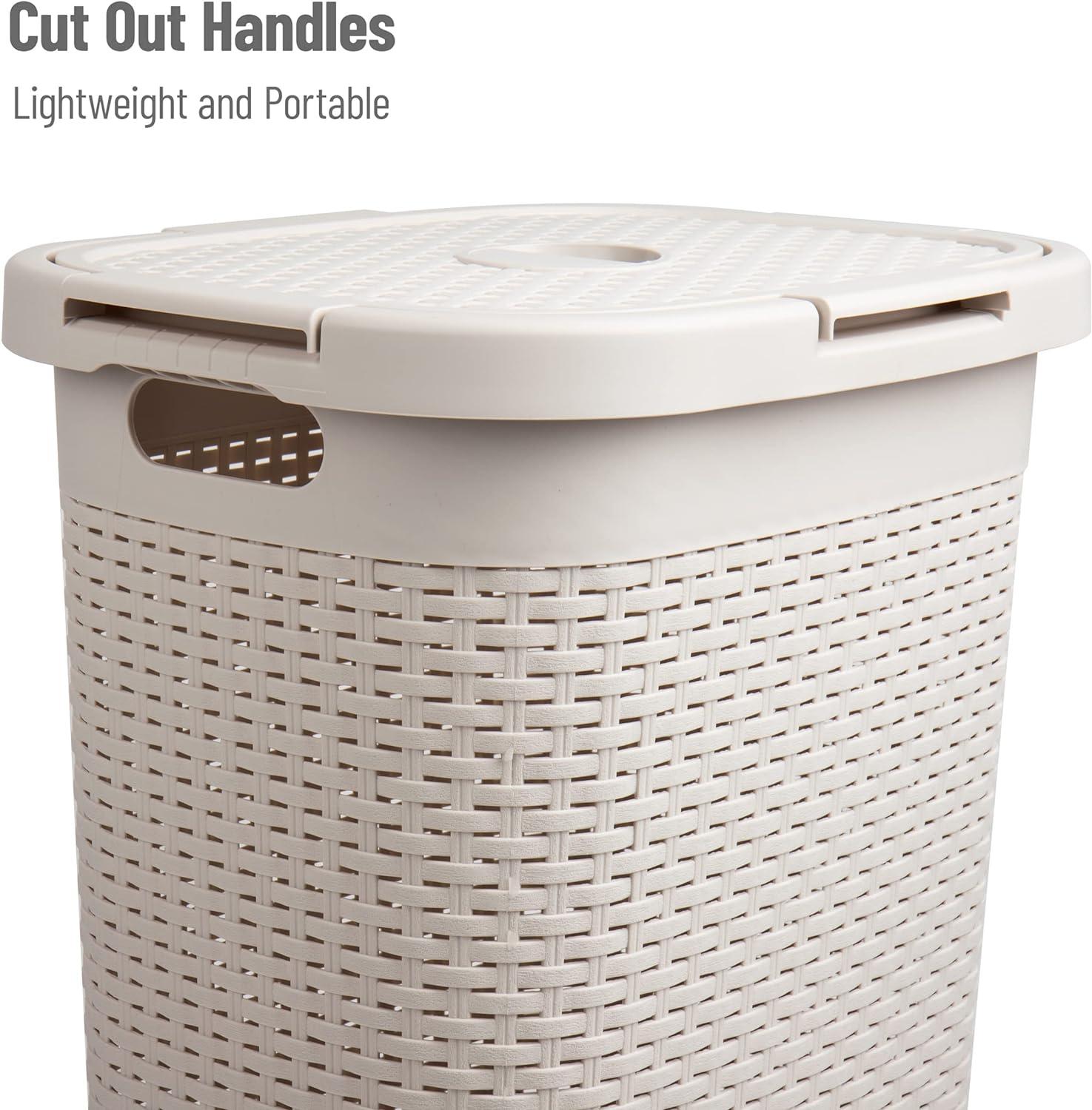 imageMind Reader Slim Laundry Hamper with Lid 60L Clothes Basket Premium Wicker Design Plastic TanIvory