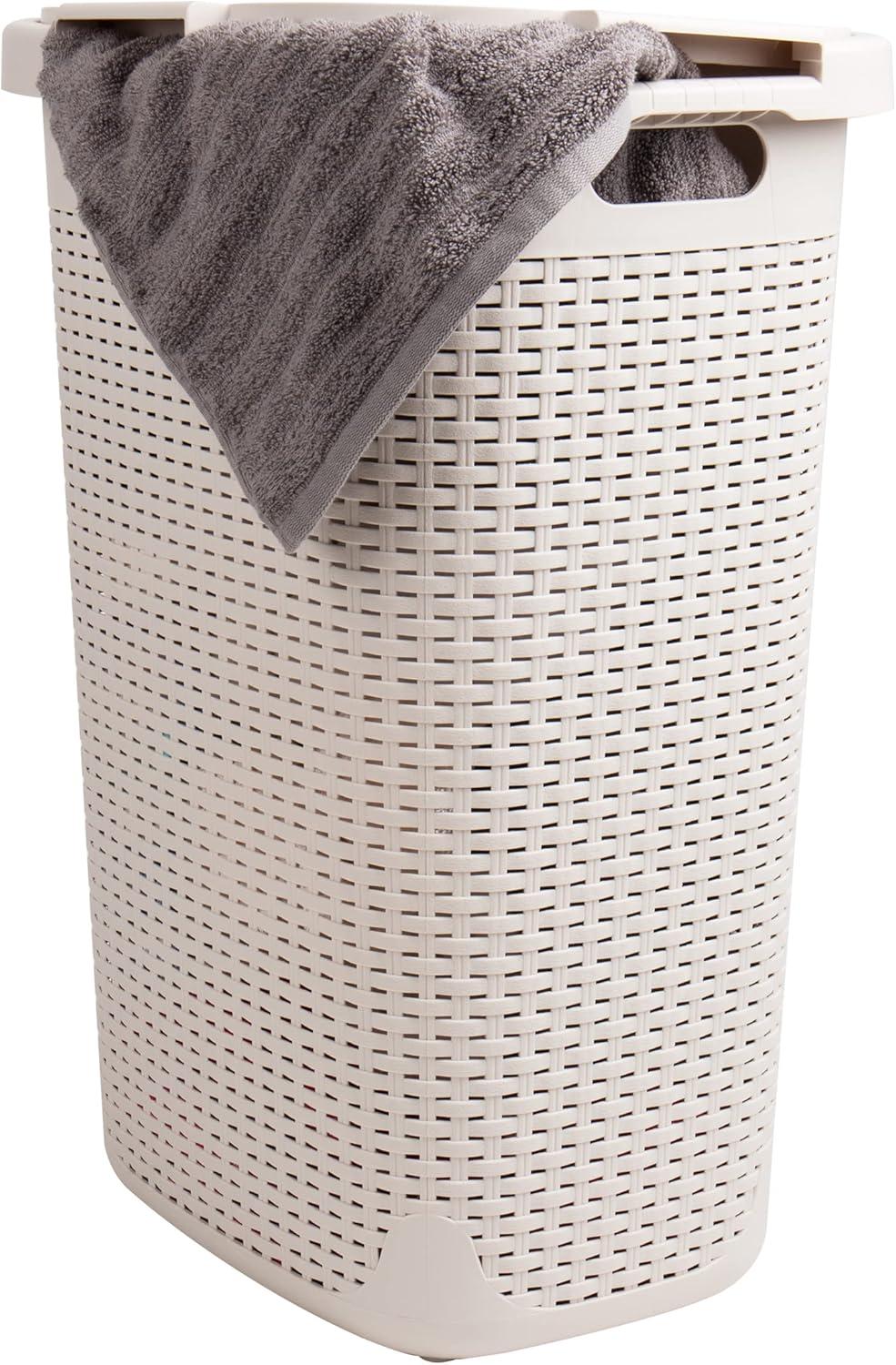 imageMind Reader Slim Laundry Hamper with Lid 60L Clothes Basket Premium Wicker Design Plastic TanIvory