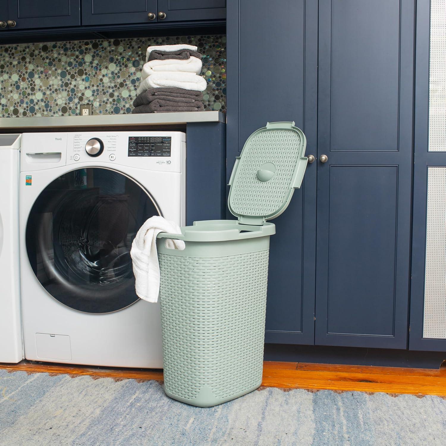 imageMind Reader Slim Laundry Hamper with Lid 60L Clothes Basket Premium Wicker Design Plastic TanMint