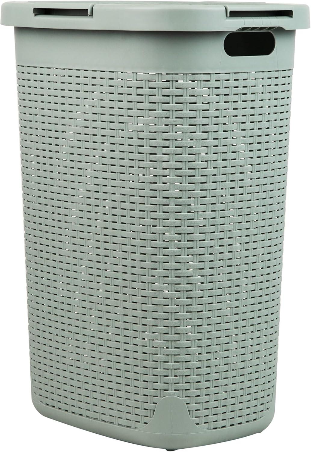 imageMind Reader Slim Laundry Hamper with Lid 60L Clothes Basket Premium Wicker Design Plastic TanMint