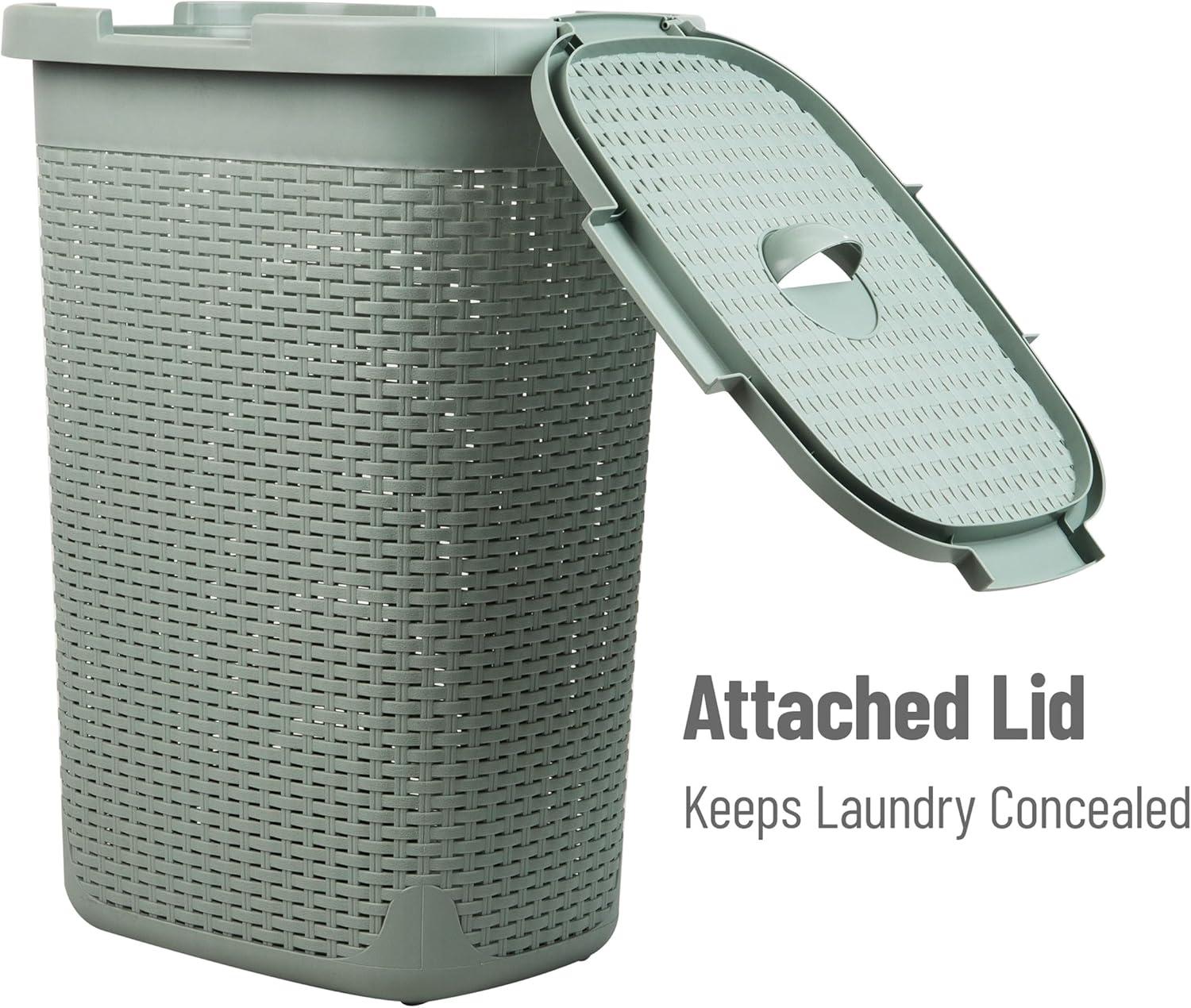 imageMind Reader Slim Laundry Hamper with Lid 60L Clothes Basket Premium Wicker Design Plastic TanMint