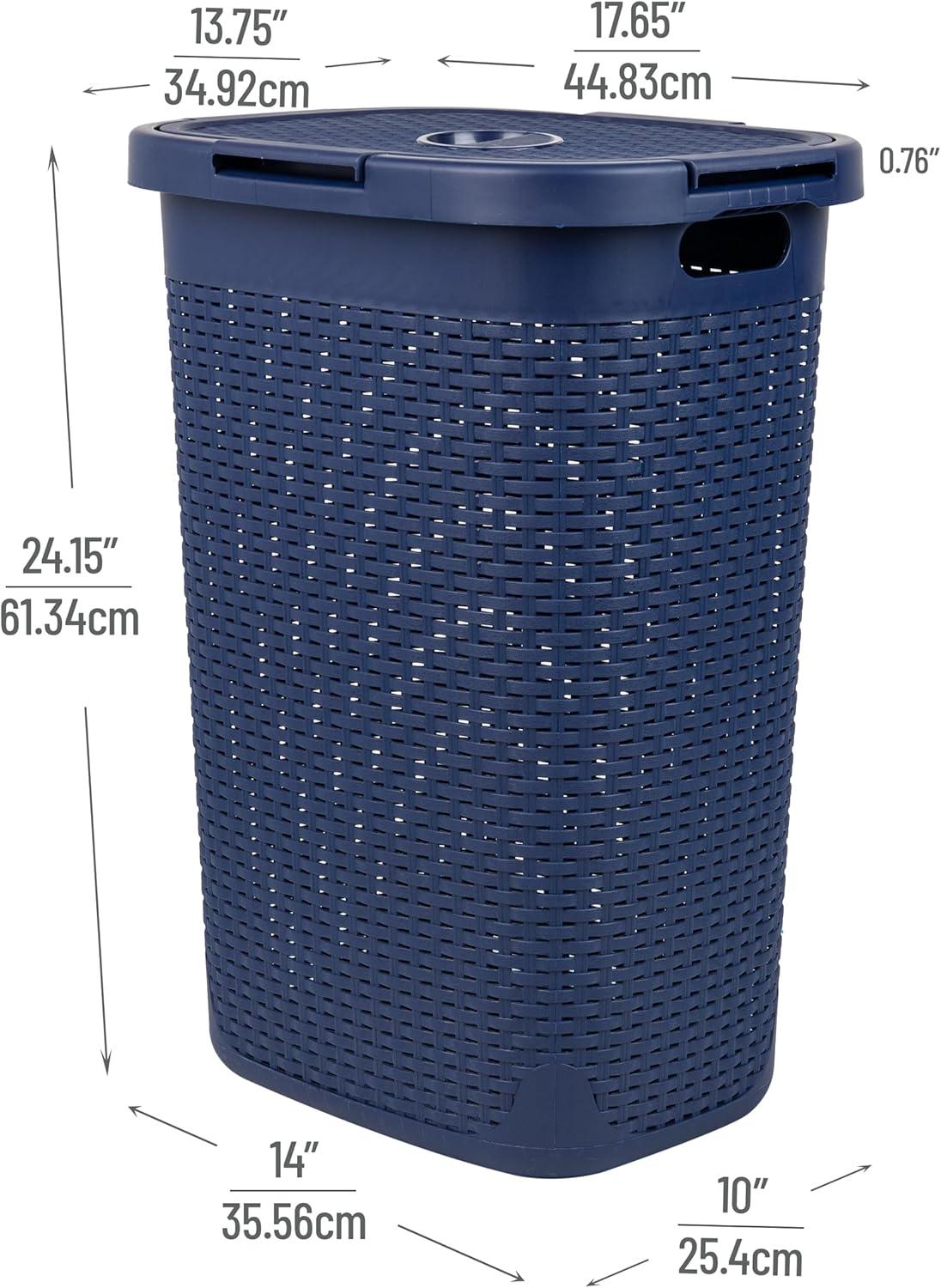 imageMind Reader Slim Laundry Hamper with Lid 60L Clothes Basket Premium Wicker Design Plastic TanNavy