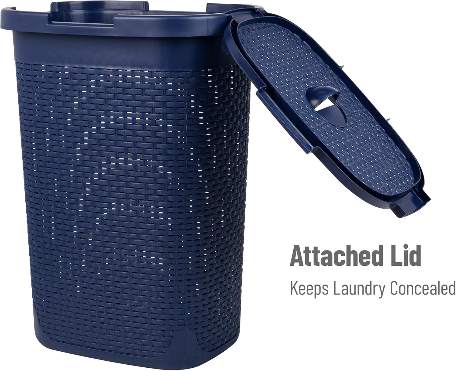 imageMind Reader Slim Laundry Hamper with Lid 60L Clothes Basket Premium Wicker Design Plastic TanNavy