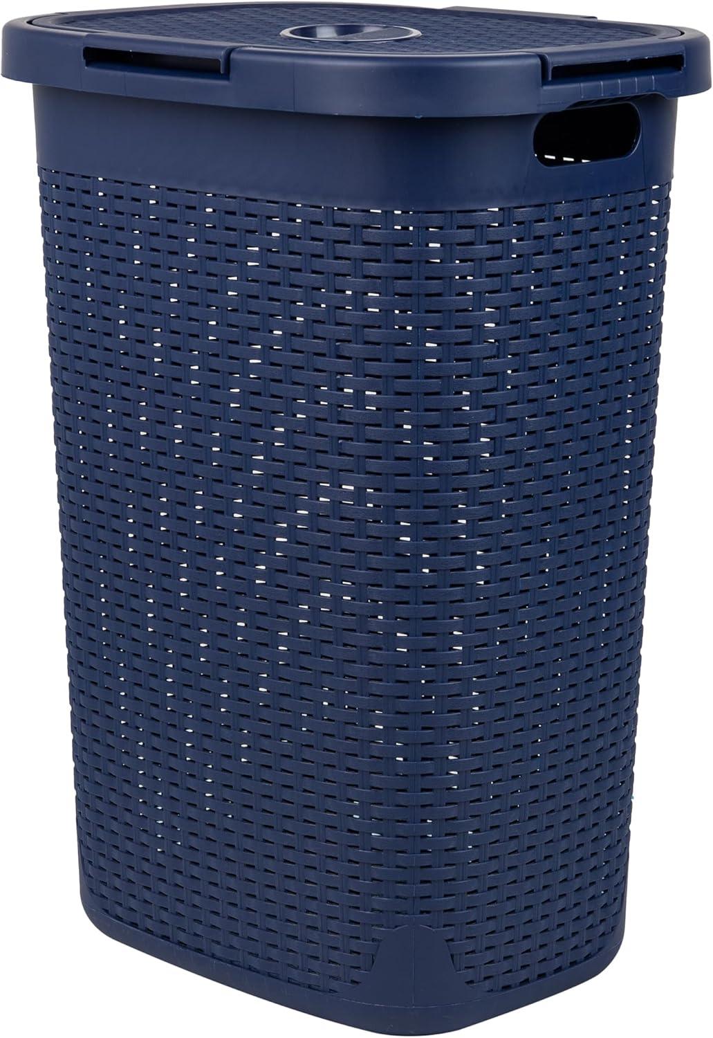 imageMind Reader Slim Laundry Hamper with Lid 60L Clothes Basket Premium Wicker Design Plastic TanNavy