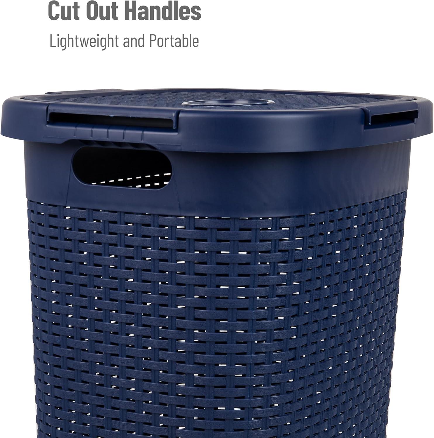 imageMind Reader Slim Laundry Hamper with Lid 60L Clothes Basket Premium Wicker Design Plastic TanNavy