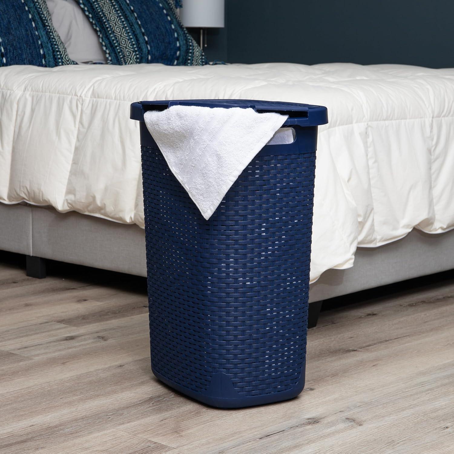 imageMind Reader Slim Laundry Hamper with Lid 60L Clothes Basket Premium Wicker Design Plastic TanNavy