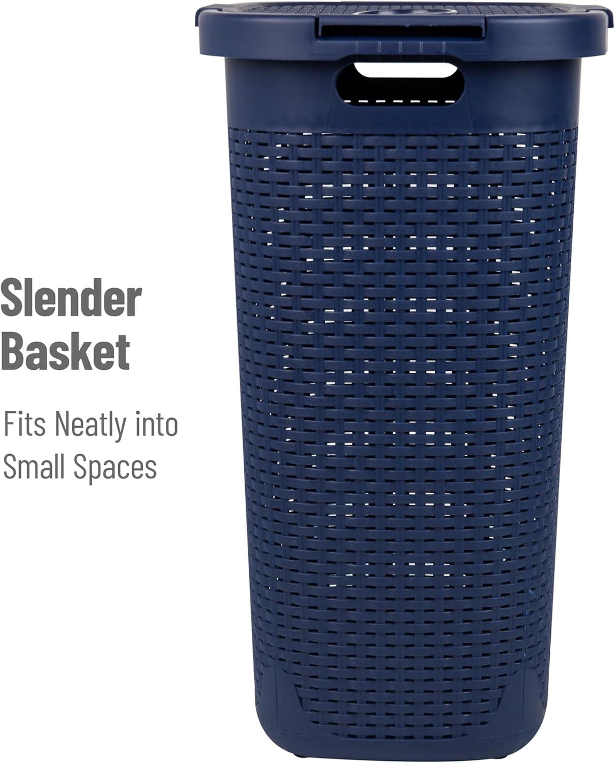 imageMind Reader Slim Laundry Hamper with Lid 60L Clothes Basket Premium Wicker Design Plastic TanNavy