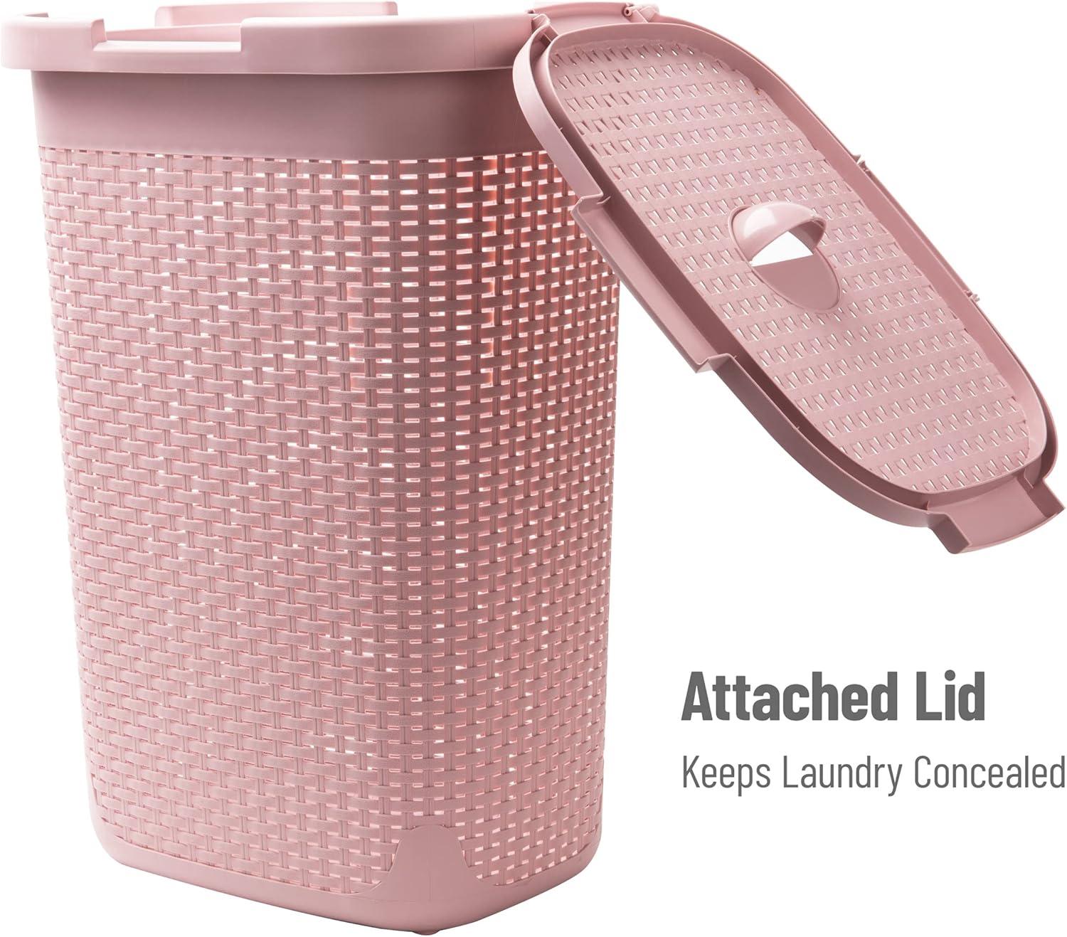 imageMind Reader Slim Laundry Hamper with Lid 60L Clothes Basket Premium Wicker Design Plastic TanPink