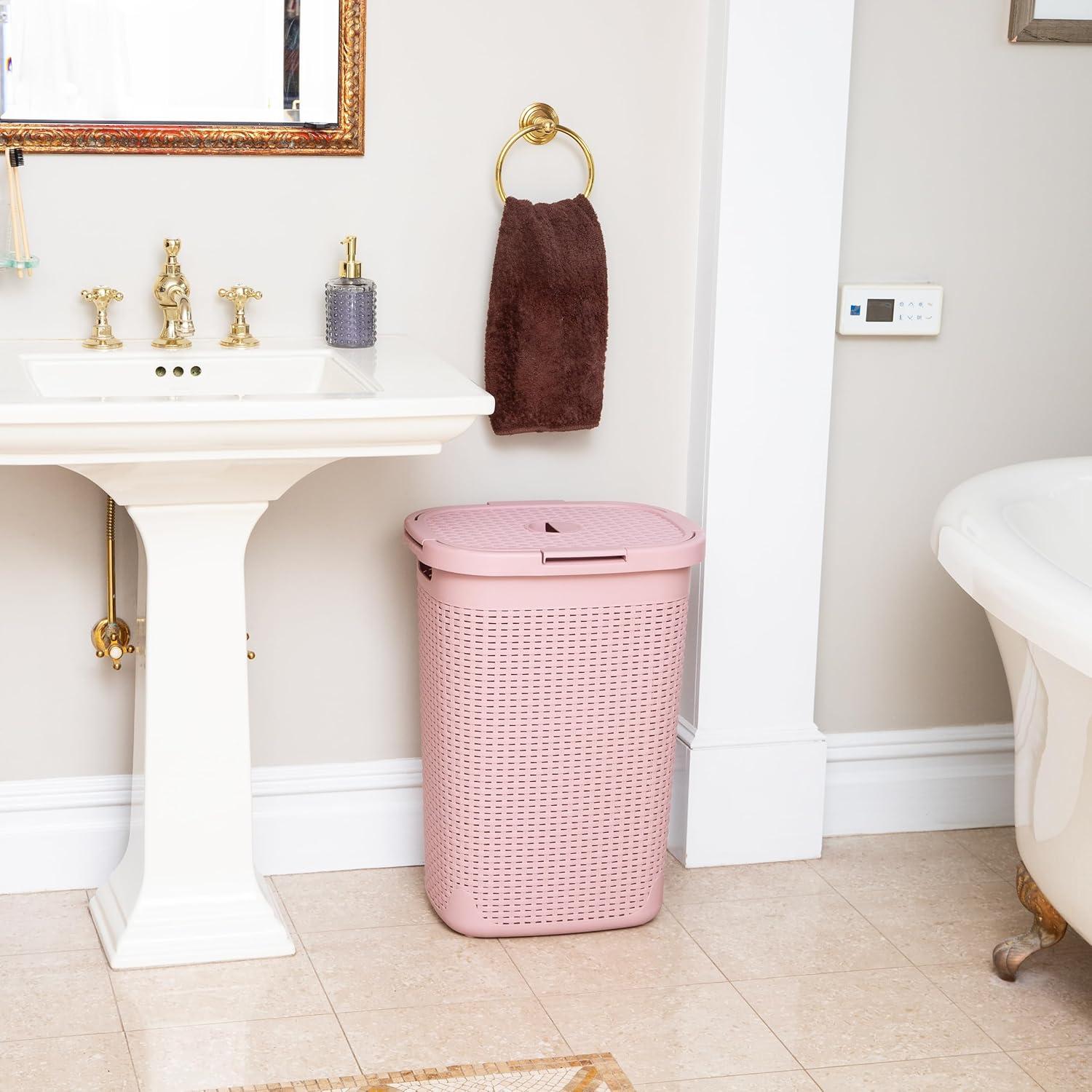 imageMind Reader Slim Laundry Hamper with Lid 60L Clothes Basket Premium Wicker Design Plastic TanPink