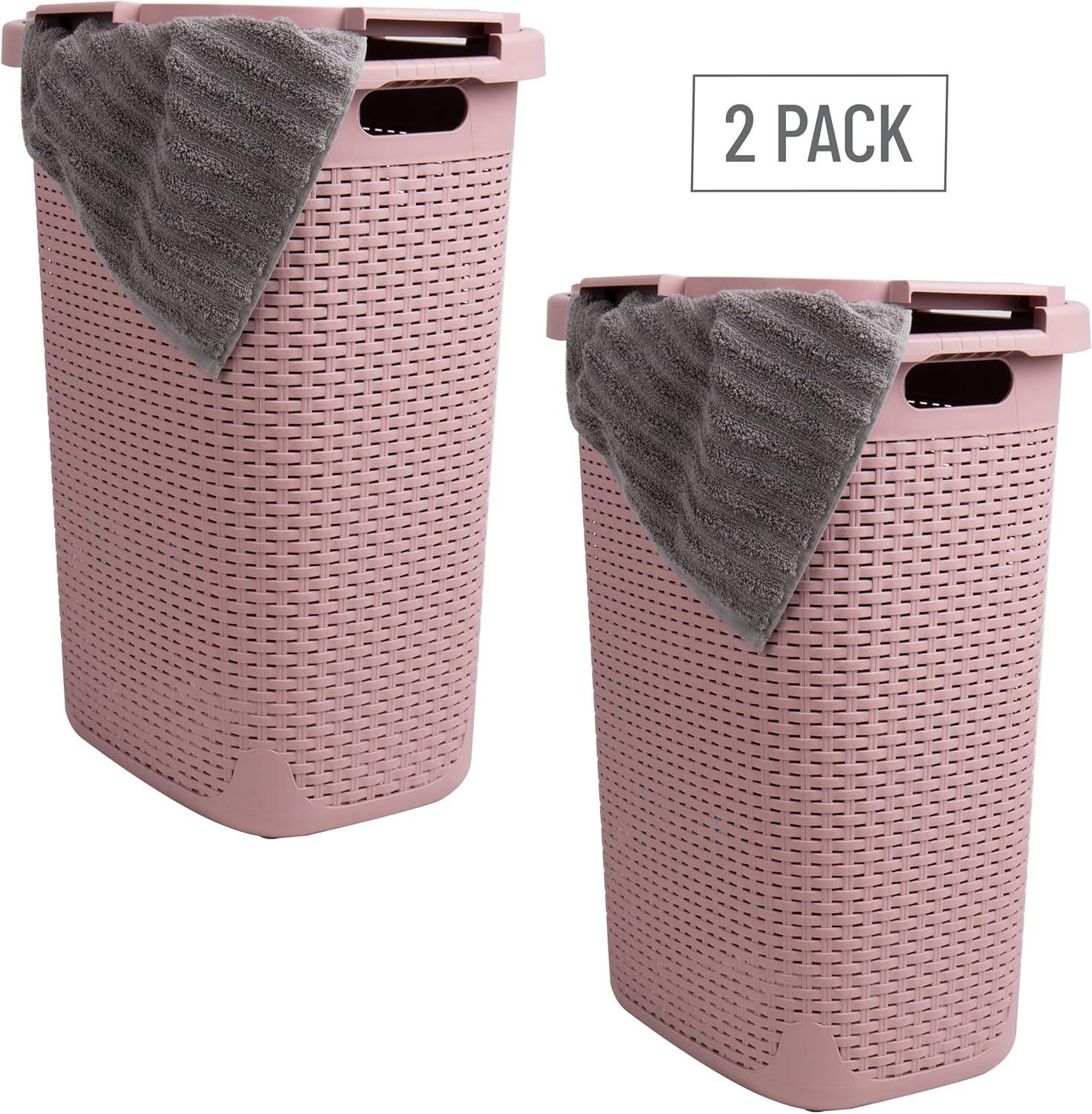 imageMind Reader Slim Laundry Hamper with Lid 60L Clothes Basket Premium Wicker Design Plastic TanPink