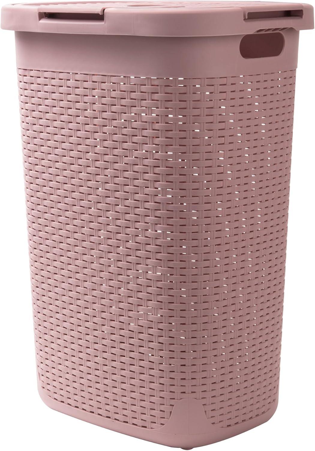 imageMind Reader Slim Laundry Hamper with Lid 60L Clothes Basket Premium Wicker Design Plastic TanPink