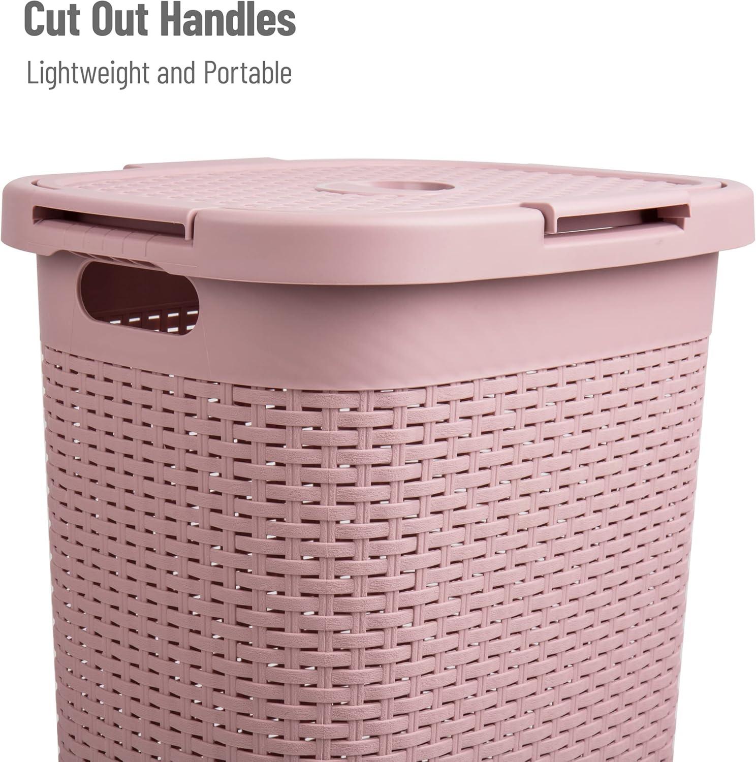imageMind Reader Slim Laundry Hamper with Lid 60L Clothes Basket Premium Wicker Design Plastic TanPink