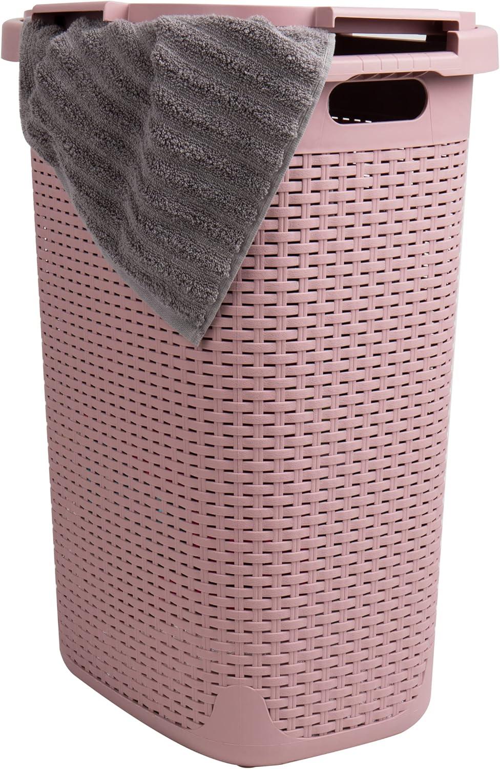 imageMind Reader Slim Laundry Hamper with Lid 60L Clothes Basket Premium Wicker Design Plastic TanPink