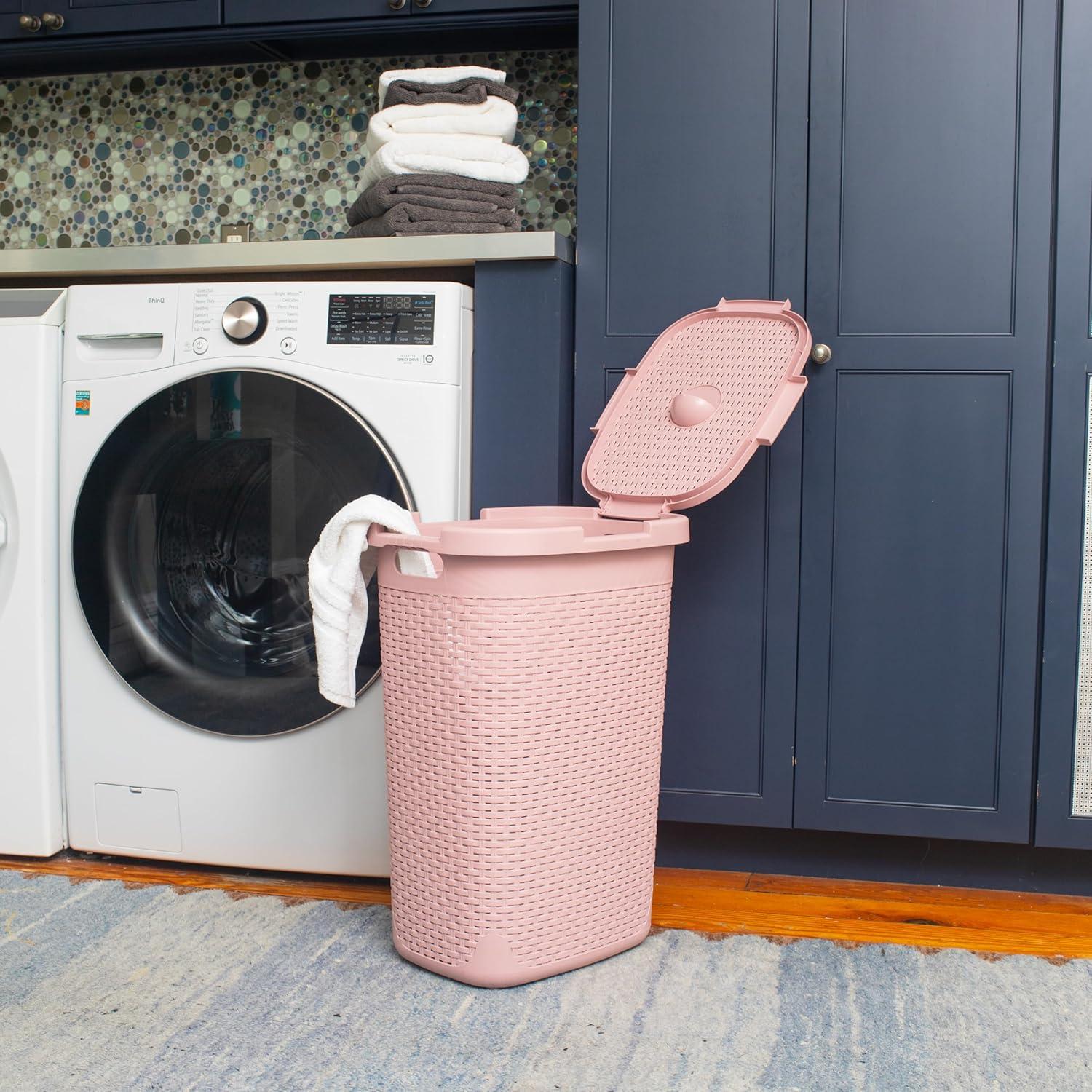imageMind Reader Slim Laundry Hamper with Lid 60L Clothes Basket Premium Wicker Design Plastic TanPink