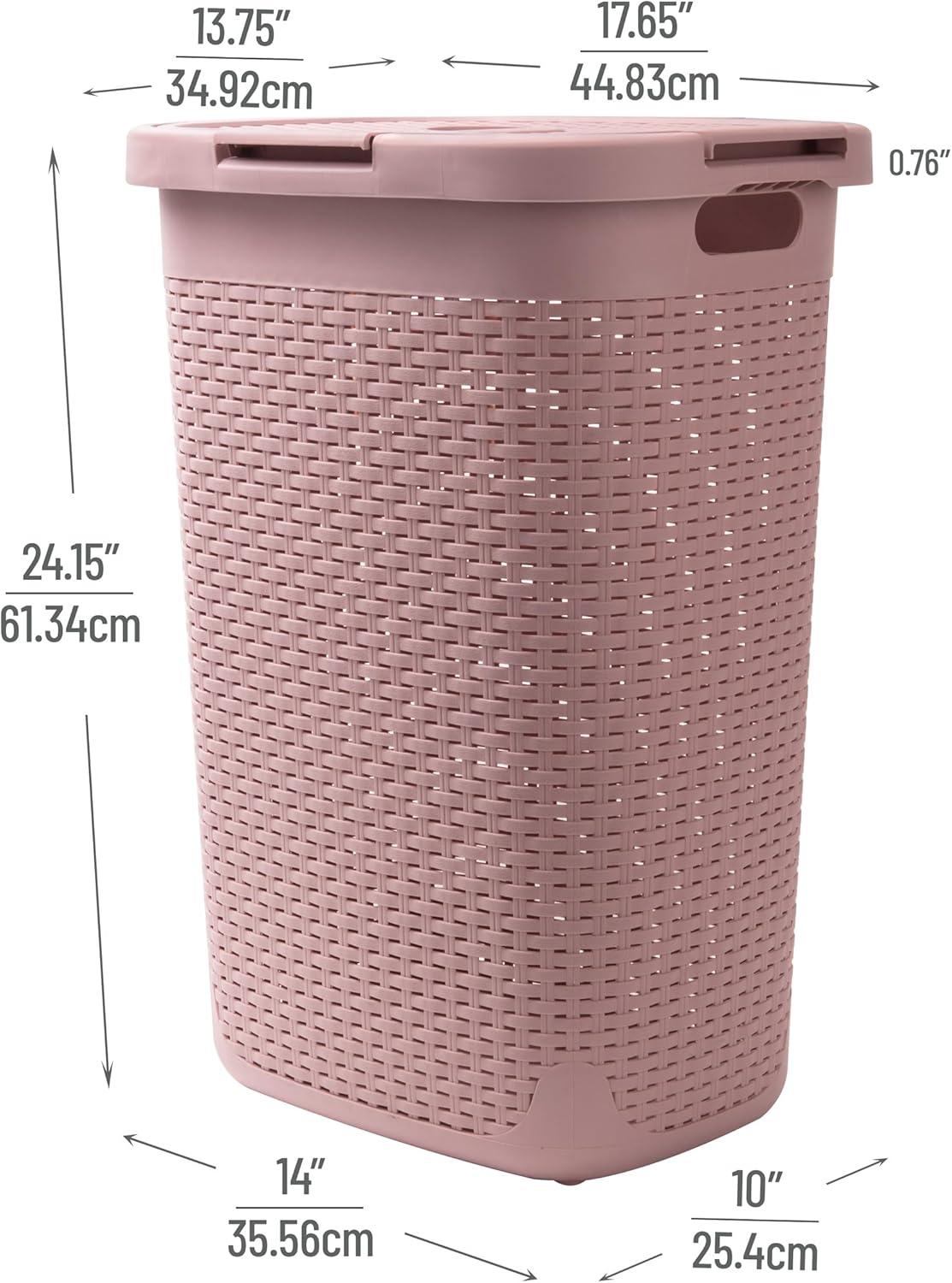 imageMind Reader Slim Laundry Hamper with Lid 60L Clothes Basket Premium Wicker Design Plastic TanPink