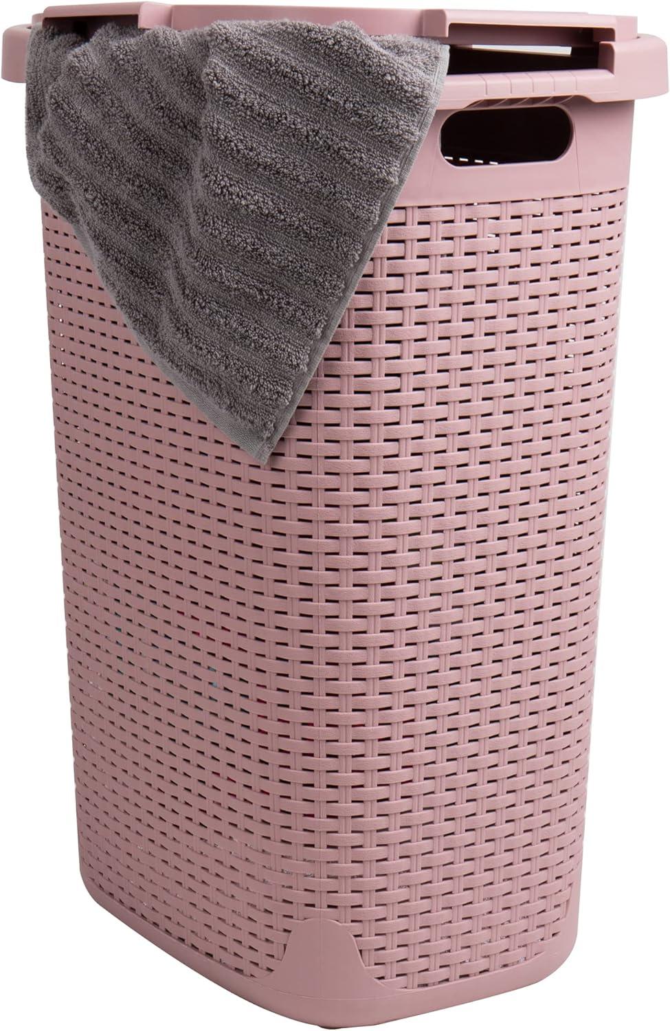 imageMind Reader Slim Laundry Hamper with Lid 60L Clothes Basket Premium Wicker Design Plastic TanPink