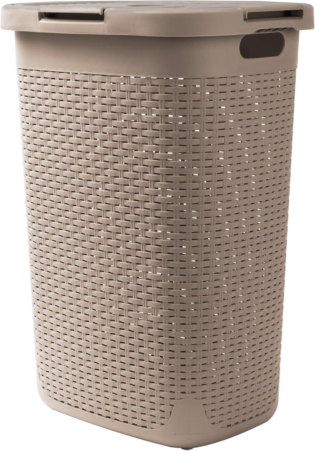 imageMind Reader Slim Laundry Hamper with Lid 60L Clothes Basket Premium Wicker Design Plastic TanTan